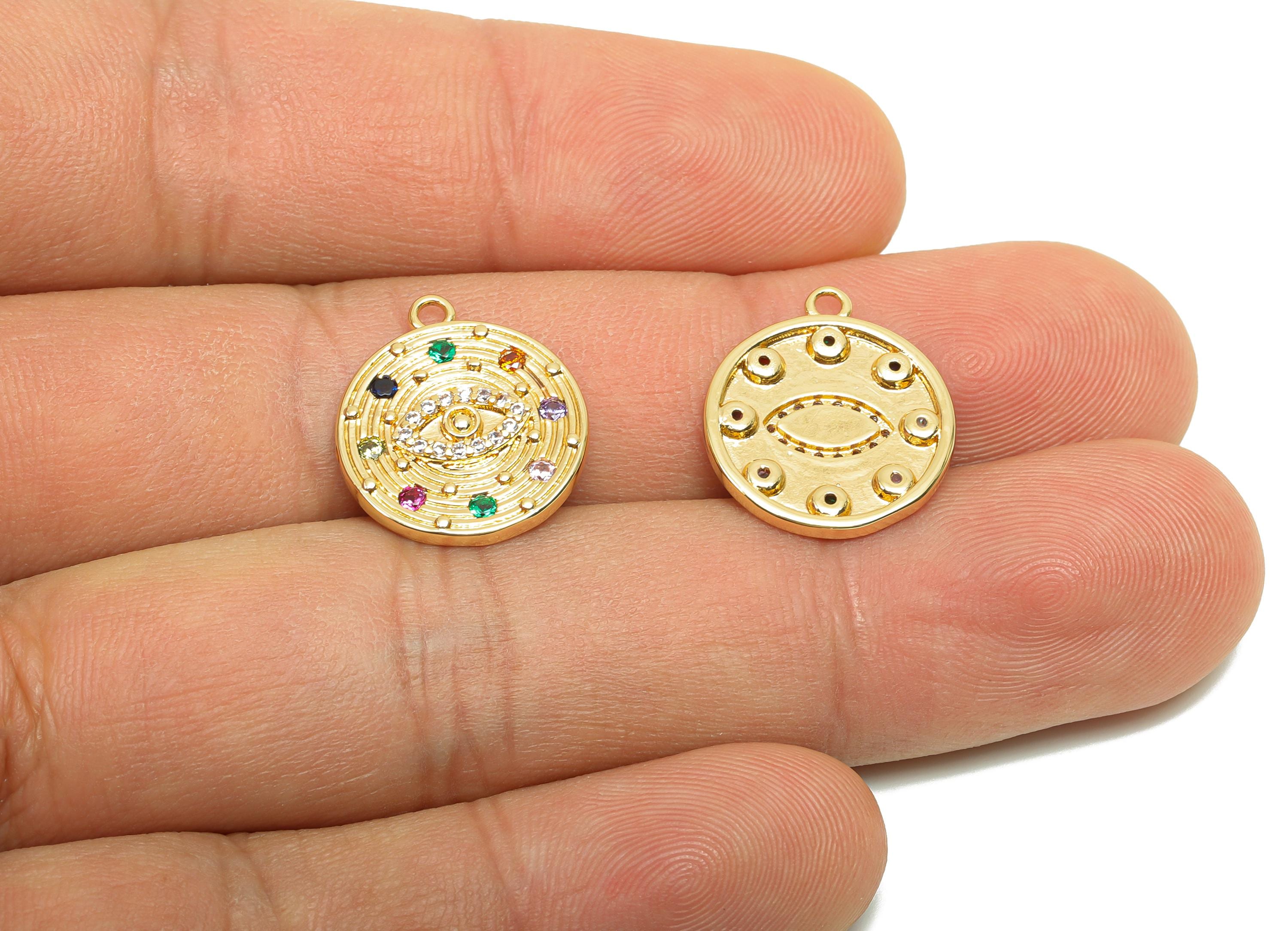 Brass CZ Eye Charms - Brass Cubic Zircon Earring Charm - Brass Textured Rainbow CZ Pendant  - 18K Real Gold Plating - 17.5x15x2mm - RGP8199 - DOMEDBAZAAR
