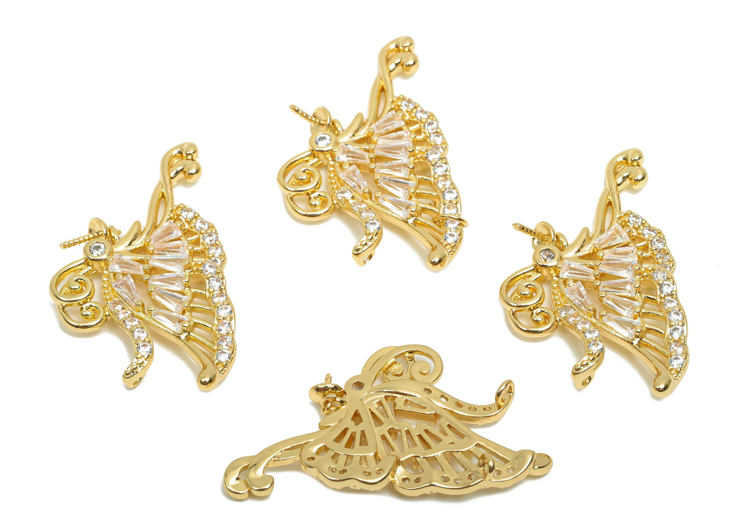 Brass CZ Butterfly Charms - Brass Cubic Zircon Earring Charm - Brass Animal Charm For Pearl - 18K Real Gold Plating - 32x17.8x3mm - RGP8196 - DOMEDBAZAAR