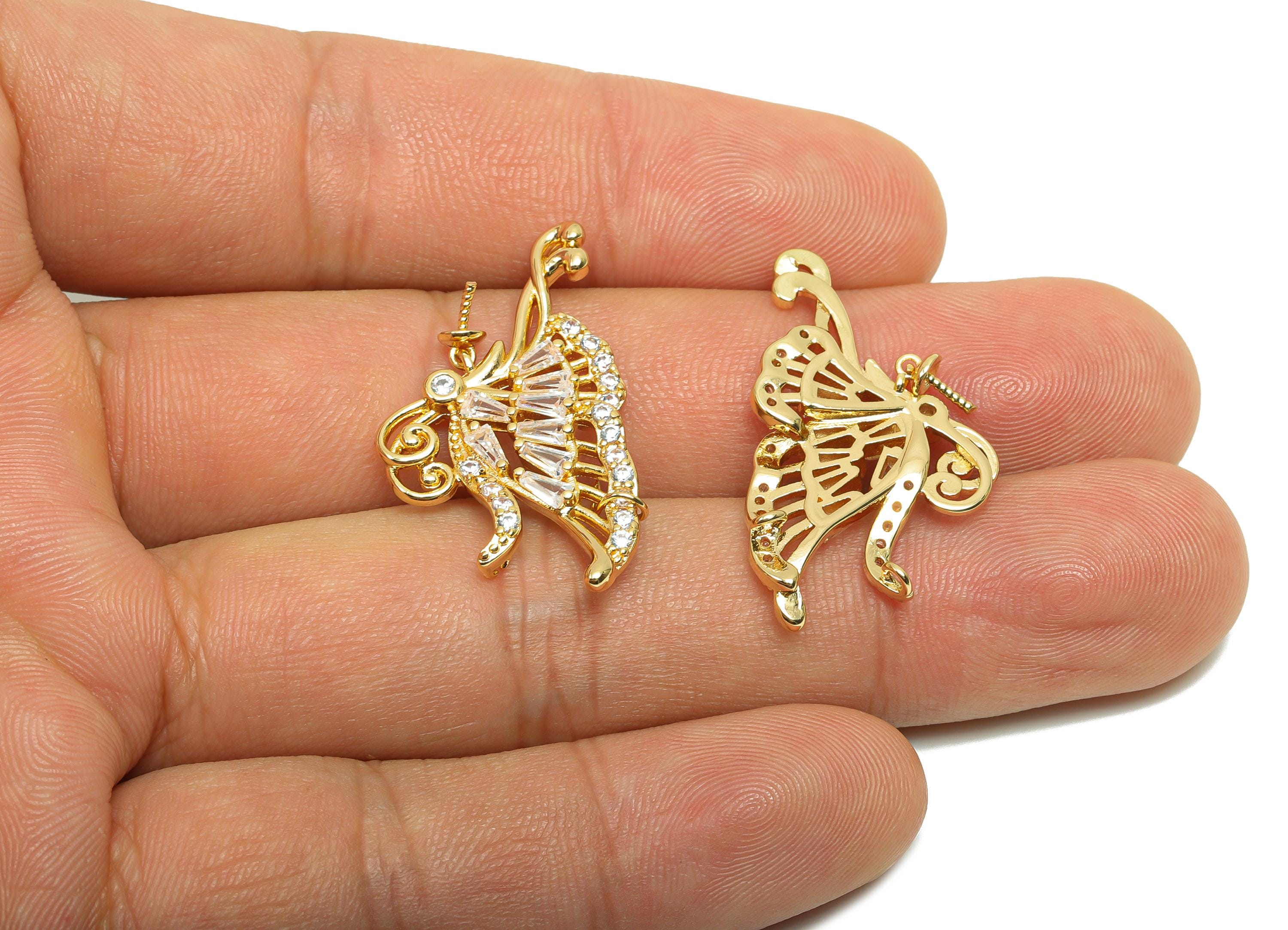 Brass CZ Butterfly Charms - Brass Cubic Zircon Earring Charm - Brass Animal Charm For Pearl - 18K Real Gold Plating - 32x17.8x3mm - RGP8196 - DOMEDBAZAAR