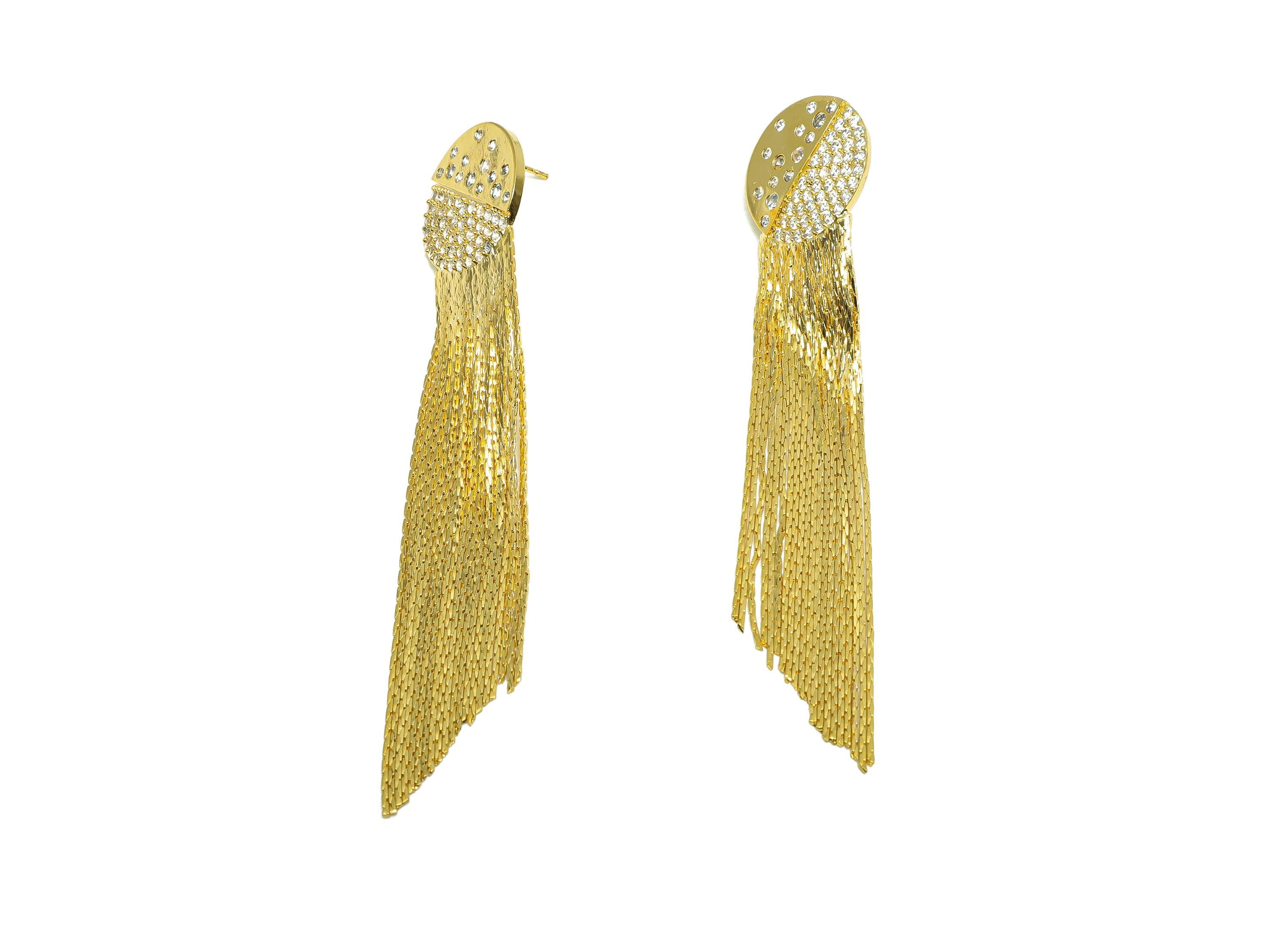 Brass Round Tassel Earring - Zircon Planet Snake Chian Ear Post - Gold Tassel Dangle Earring - 18K Real Gold Plated - 84x18x1.9mm - RGP8274 - DOMEDBAZAAR