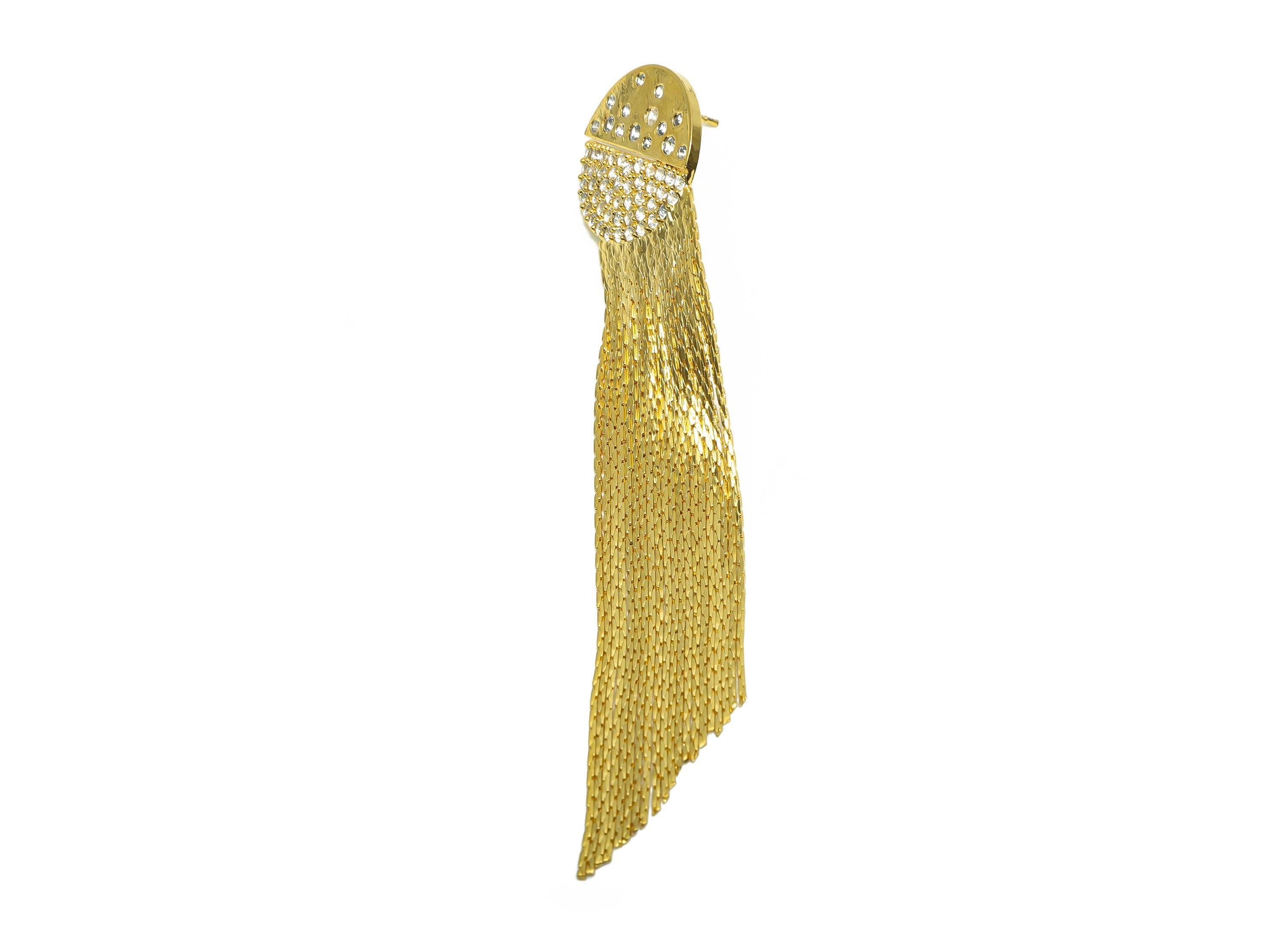 Brass Round Tassel Earring - Zircon Planet Snake Chian Ear Post - Gold Tassel Dangle Earring - 18K Real Gold Plated - 84x18x1.9mm - RGP8274 - DOMEDBAZAAR