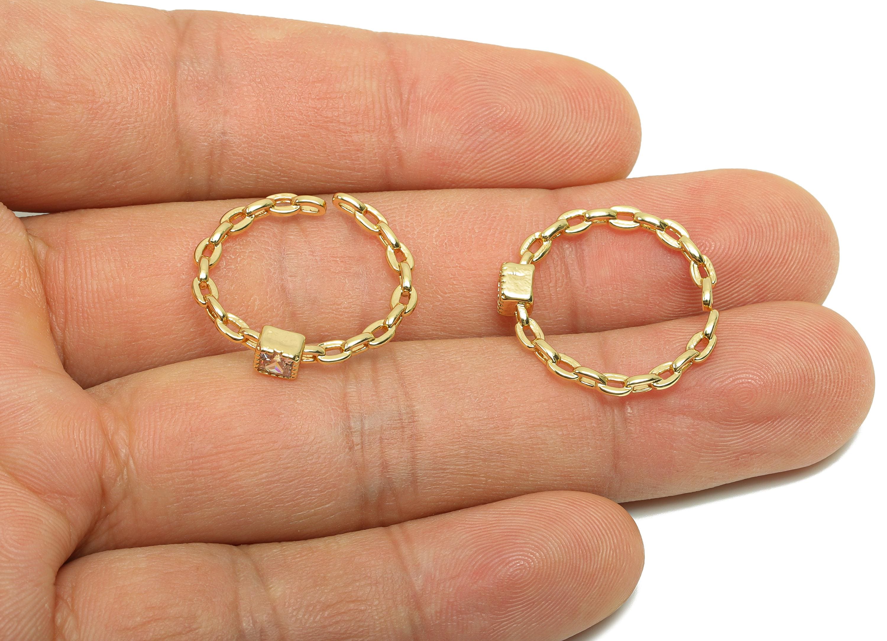 Brass Cube Ring Settings - Brass Adjustable Rings - Brass Cubic Zircon Chain Rope Rings - 18K Real Gold Plating - 21.4x21.34x3mm - RGP8191 - DOMEDBAZAAR