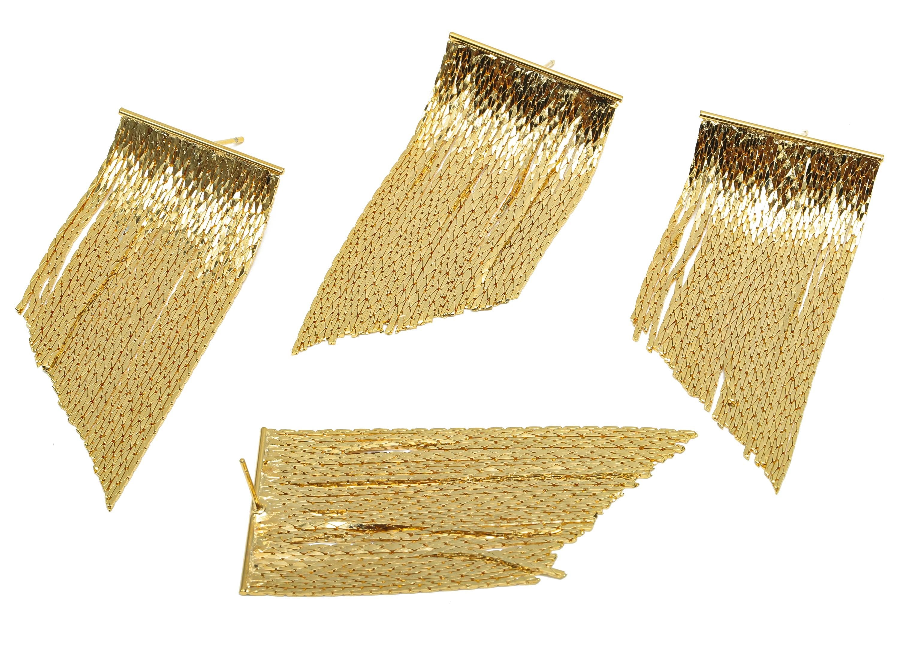 Brass Snake Chain Earring - Gold Snake Chain Tassel Ear Stud - Textured Chain Earring Post - 18K Real Gold Plating - 54x25x1.32mm - RGP8275 - DOMEDBAZAAR
