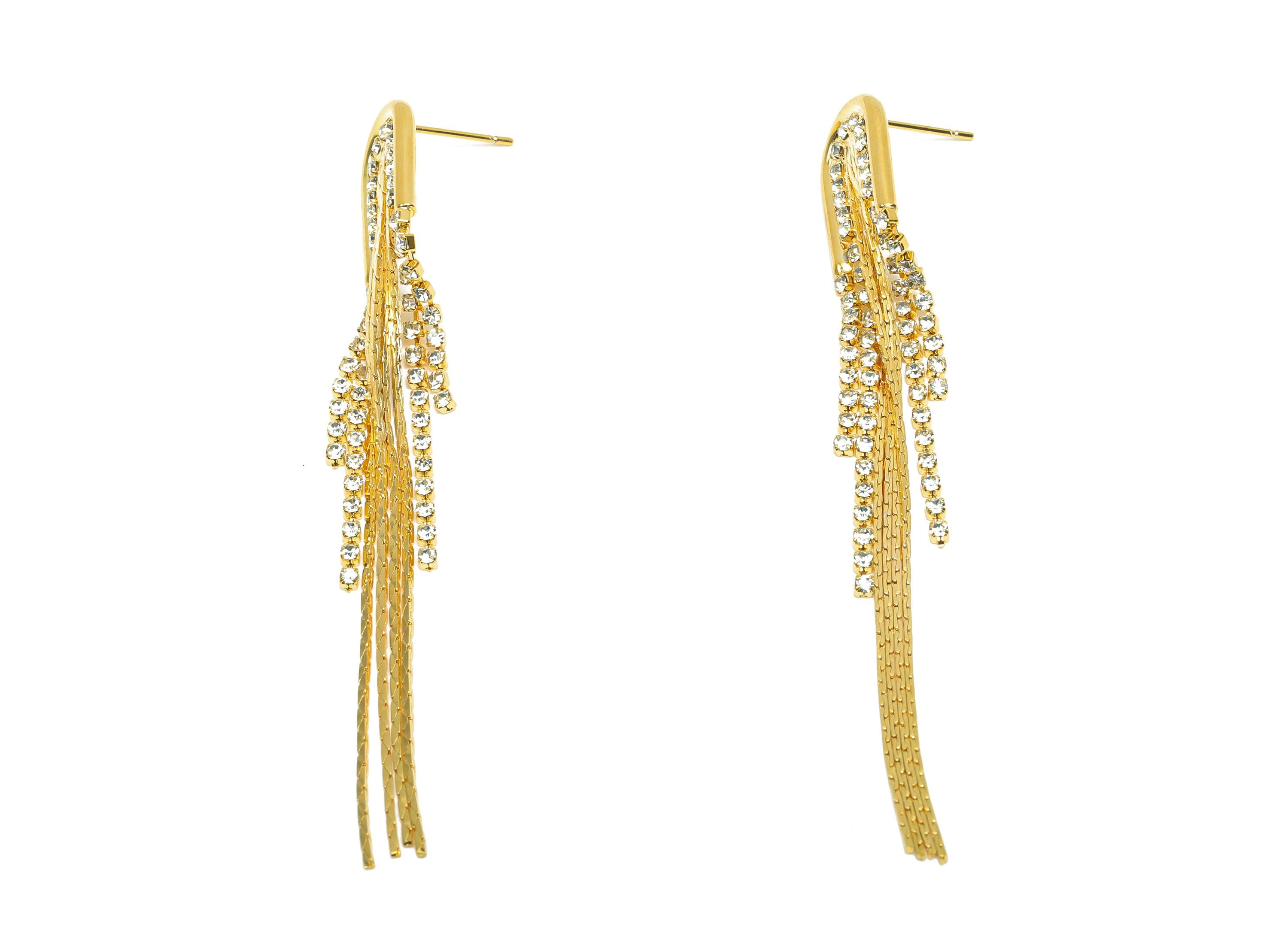 Brass Zircon Tassel Earring - CZ Oval Earring Post - Gold Snake Chian Tassel Earring Stud - 18K Real Gold Plated - 77.9x11.5x2.9mm - RGP8277 - DOMEDBAZAAR