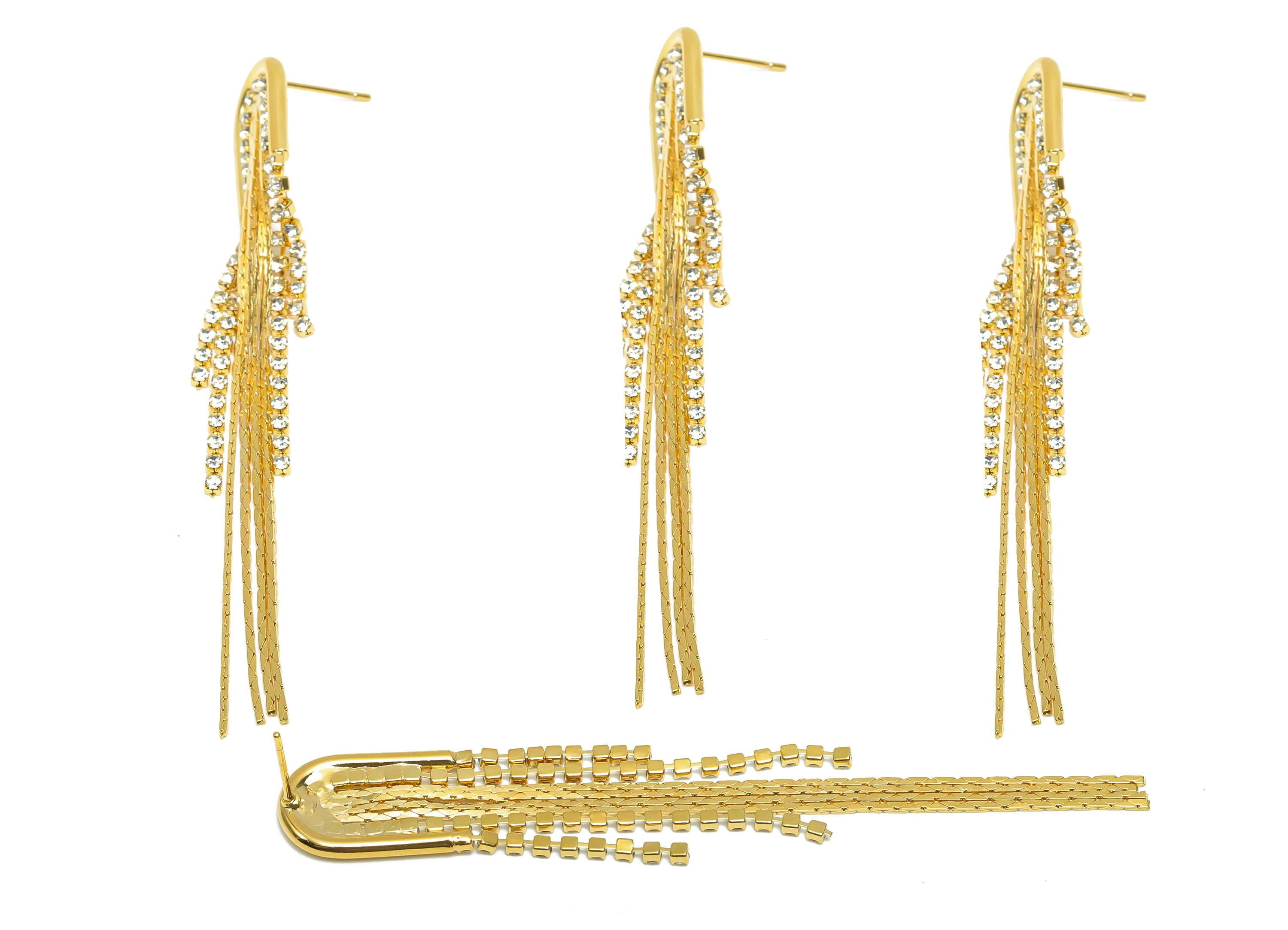 Brass Zircon Tassel Earring - CZ Oval Earring Post - Gold Snake Chian Tassel Earring Stud - 18K Real Gold Plated - 77.9x11.5x2.9mm - RGP8277 - DOMEDBAZAAR
