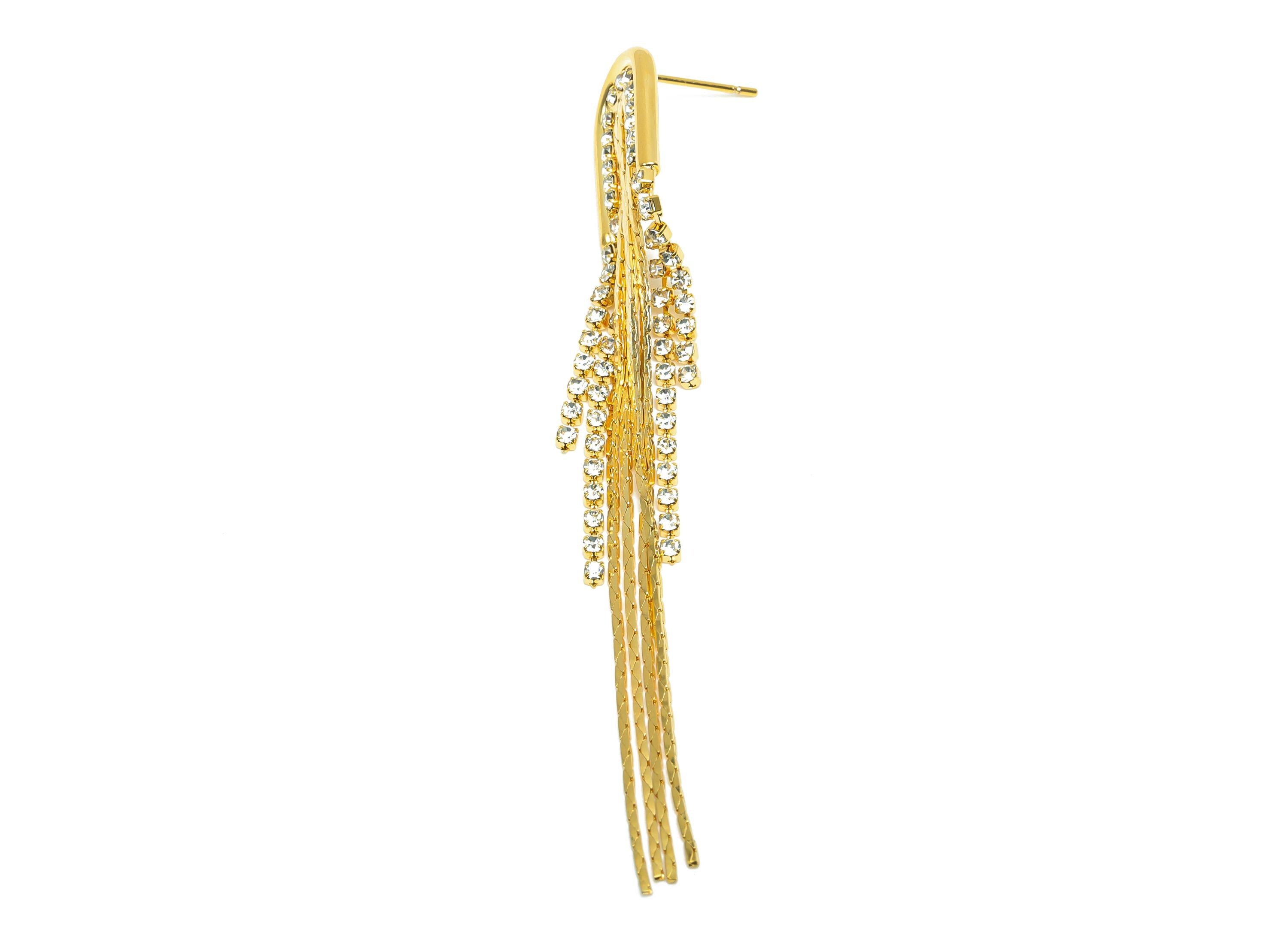 Brass Zircon Tassel Earring - CZ Oval Earring Post - Gold Snake Chian Tassel Earring Stud - 18K Real Gold Plated - 77.9x11.5x2.9mm - RGP8277 - DOMEDBAZAAR