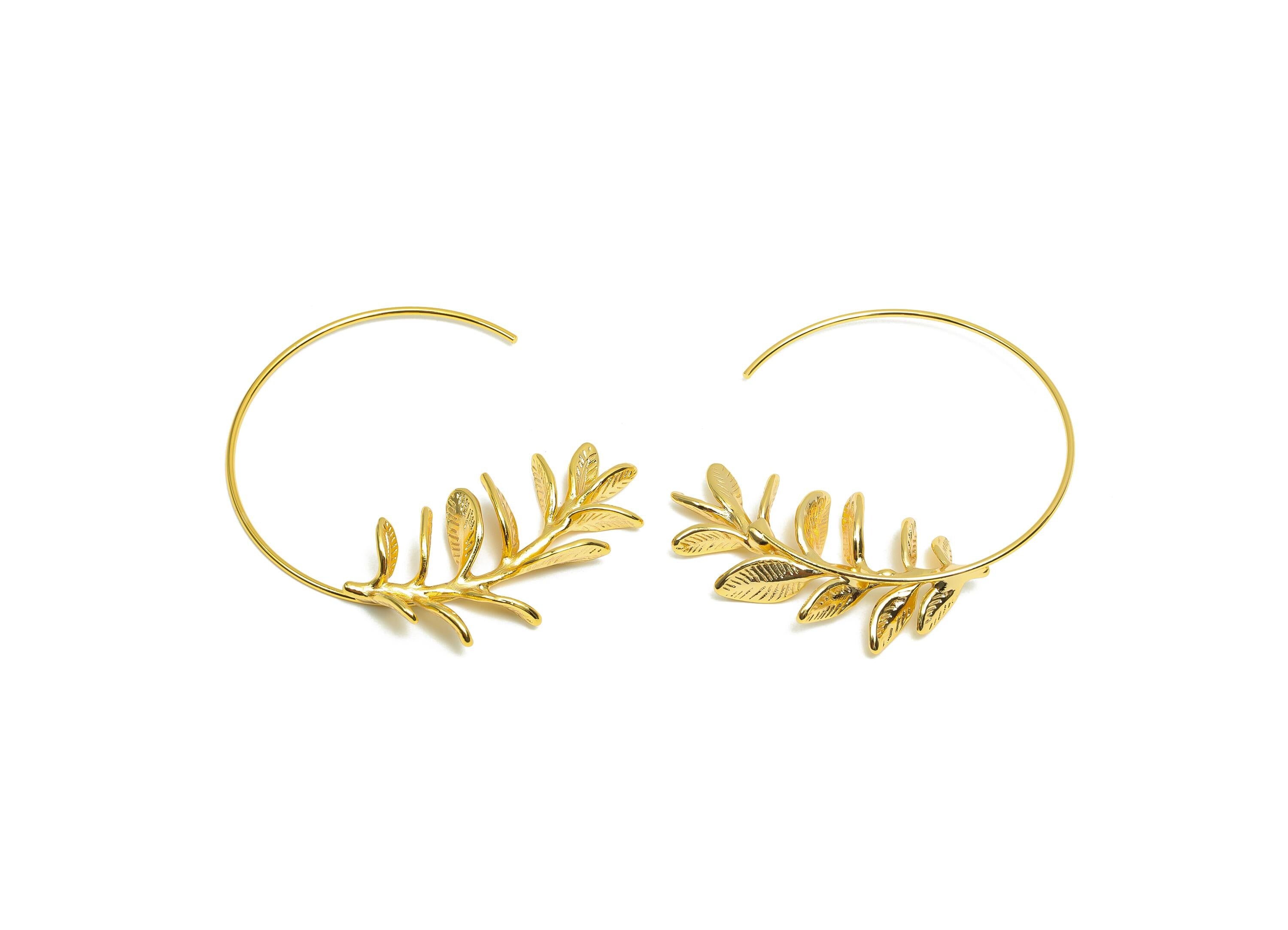 Brass Circle Earring Wire - Gold Leaf Open Round Earring Hook - Textured Circle Earring Wire - 18K Real Gold Plating - 41x37x5.3mm - RGP8278 - DOMEDBAZAAR