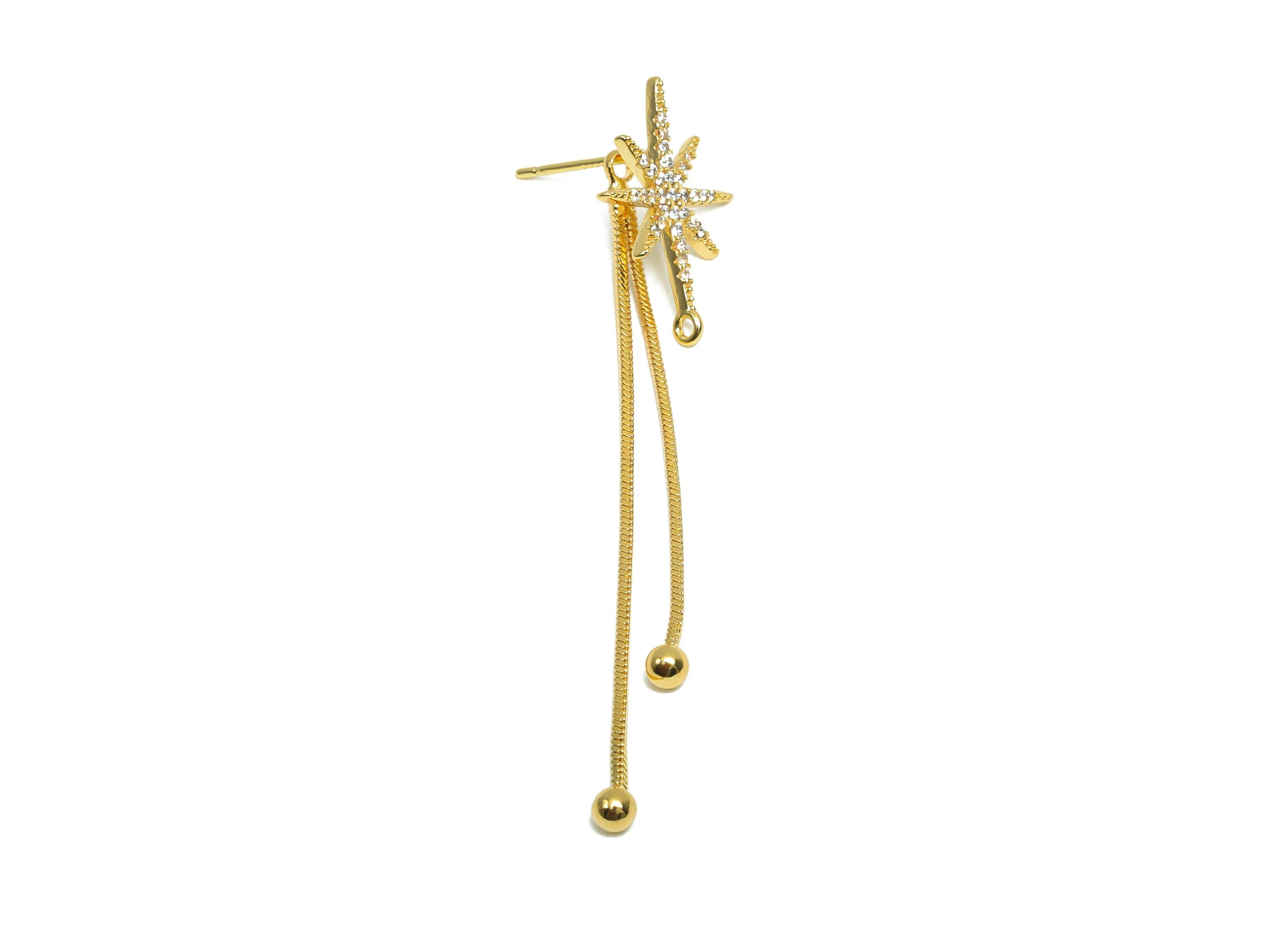 Brass Zircon Tassel Earring - CZ Star Earring Post - Gold Snake Chian Tassel Earring Stud - 18K Real Gold Plated - 56x18.8x1.8mm - RGP8279 - DOMEDBAZAAR