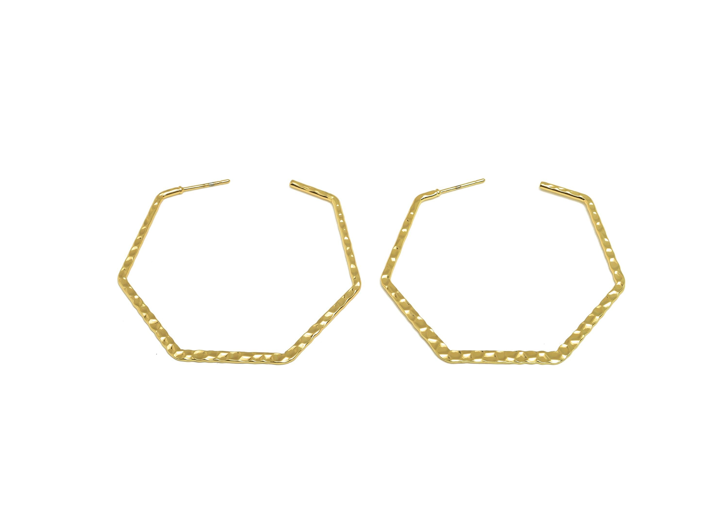 Brass Hexagon Earring Stud - Brass Hammered Earring Post - Geometry Hoop Earring Post - 18K Real Gold Plated - 48x50x1.29mm -RGP7868 - DOMEDBAZAAR