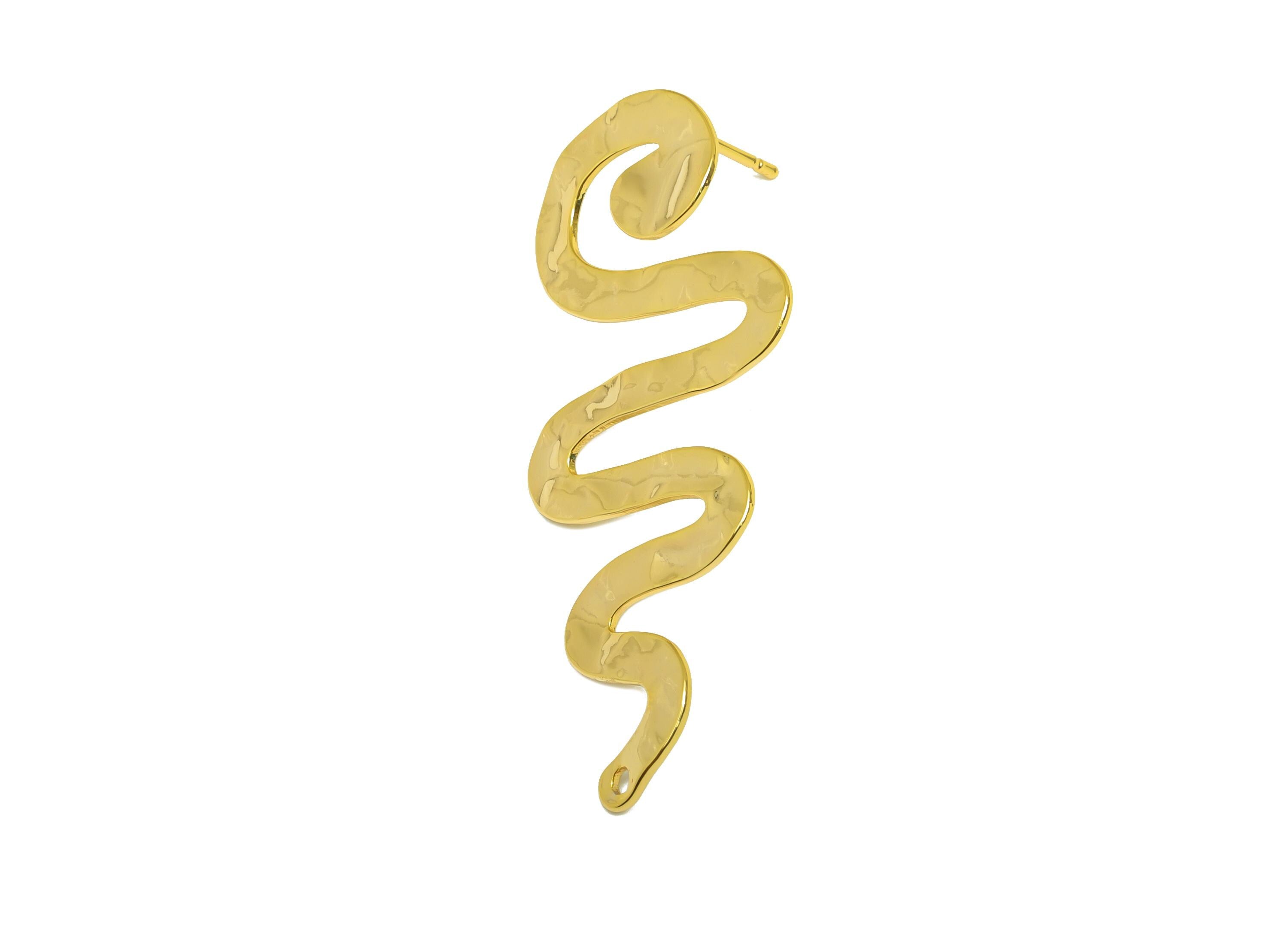 Brass Snake Earring Stud - Brass Hammered Earring Post - Brass Animal Earring Post - 18K Real Gold Plated - 44.9x19.89x0.88mm -RGP7869 - DOMEDBAZAAR