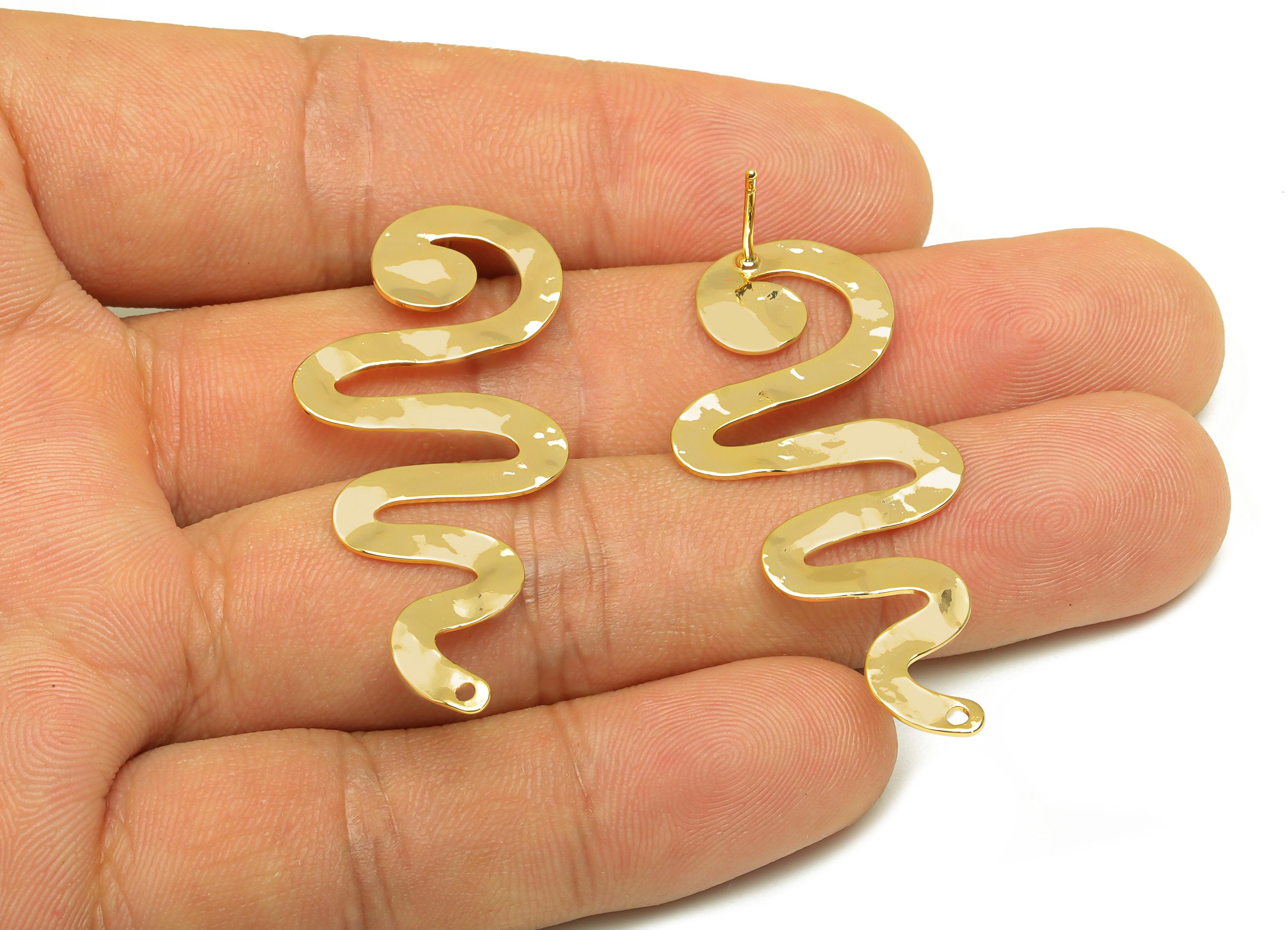 Brass Snake Earring Stud - Brass Hammered Earring Post - Brass Animal Earring Post - 18K Real Gold Plated - 44.9x19.89x0.88mm -RGP7869 - DOMEDBAZAAR