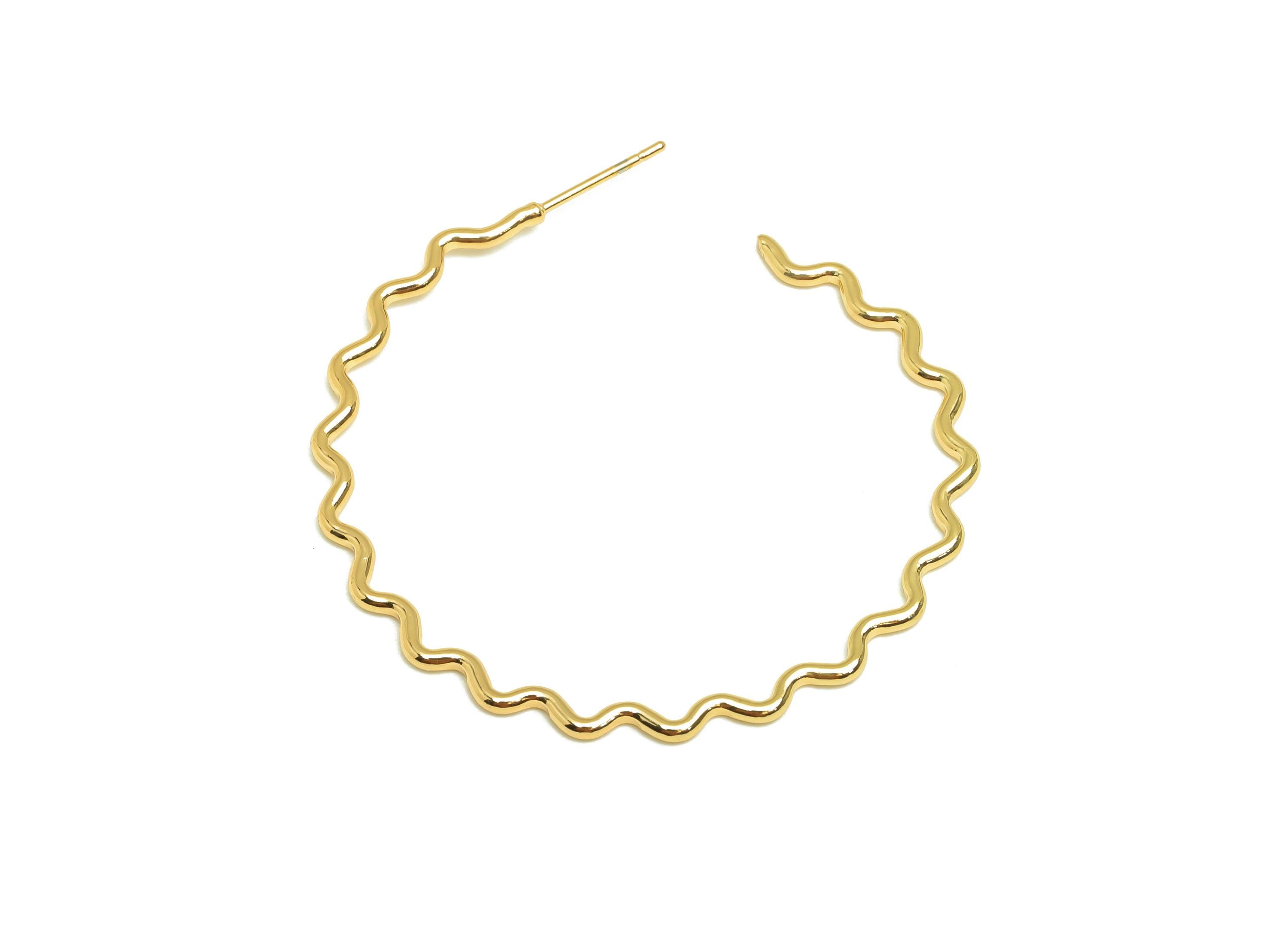 Brass Hoop Earring Stud - Brass Open Hoop Earring Post - Brass Wavy Hoop Earring Post - 18K Real Gold Plated - 53x53x1.48mm - RGP7858 - DOMEDBAZAAR