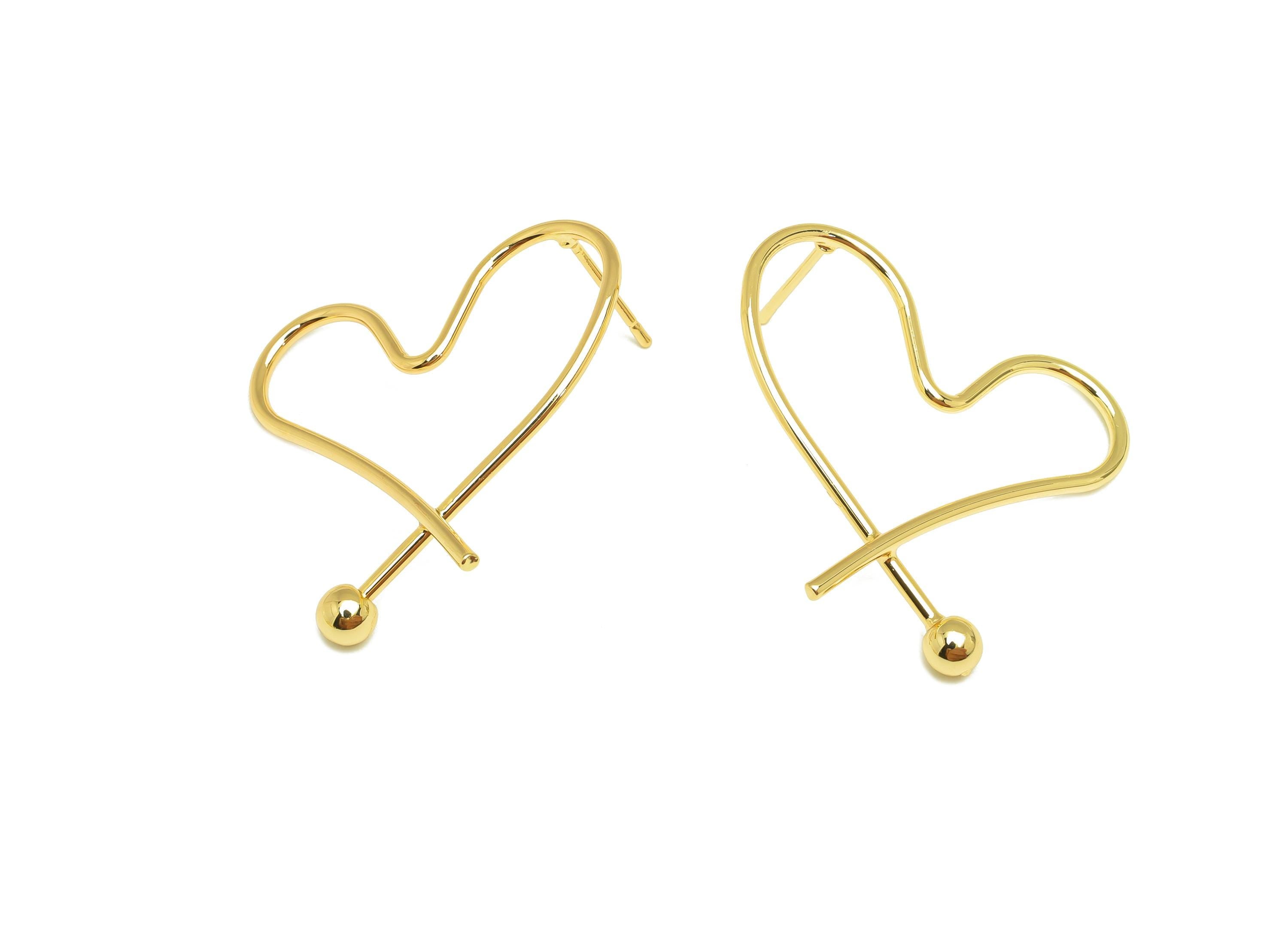 Brass Heart Earring Stud - Brass Heart Wire Earring Post - Brass Heart Ball Earring Post - 18K Real Gold Plating - 33.88x28.83x1mm - RGP7850 - DOMEDBAZAAR