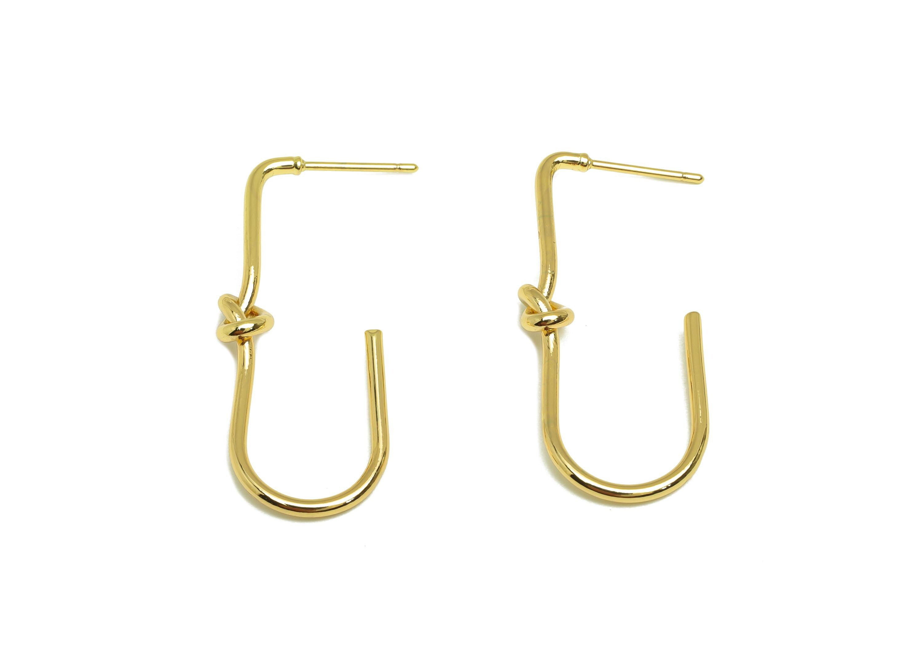 Brass Hoop Earring Stud - Brass Open Rectangle Earring Post - Brass Knot Earring Post - 18K Real Gold Plating - 35.2x14.69x1.3mm - RGP7874 - DOMEDBAZAAR