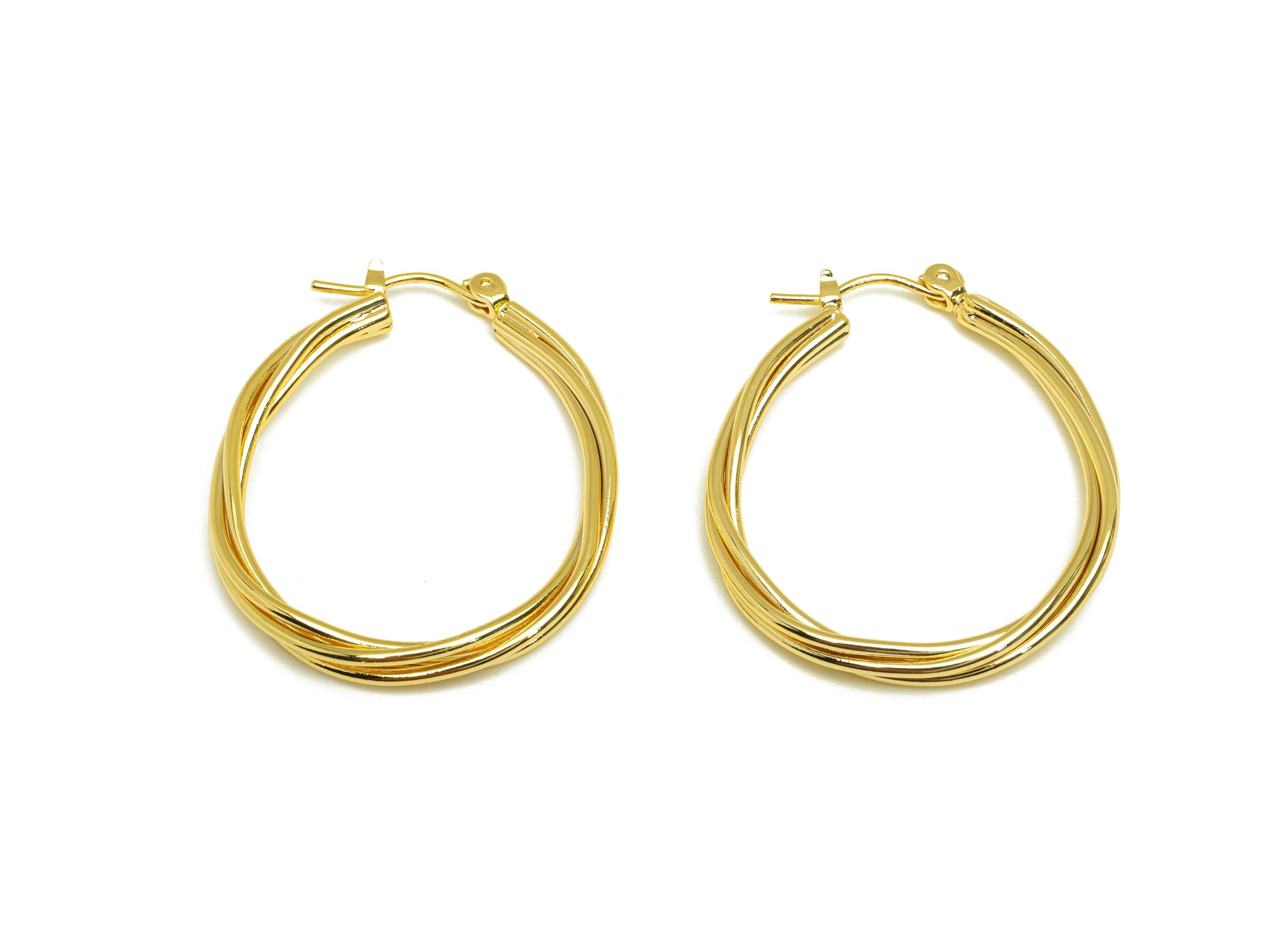 Brass Hoop Earring - Brass Hinged Back Earring - Brass Twine Wire Hinged Back Hoop Earring - 18K Real Gold Plating - 34.6x28x2mm - RGP7854 - DOMEDBAZAAR