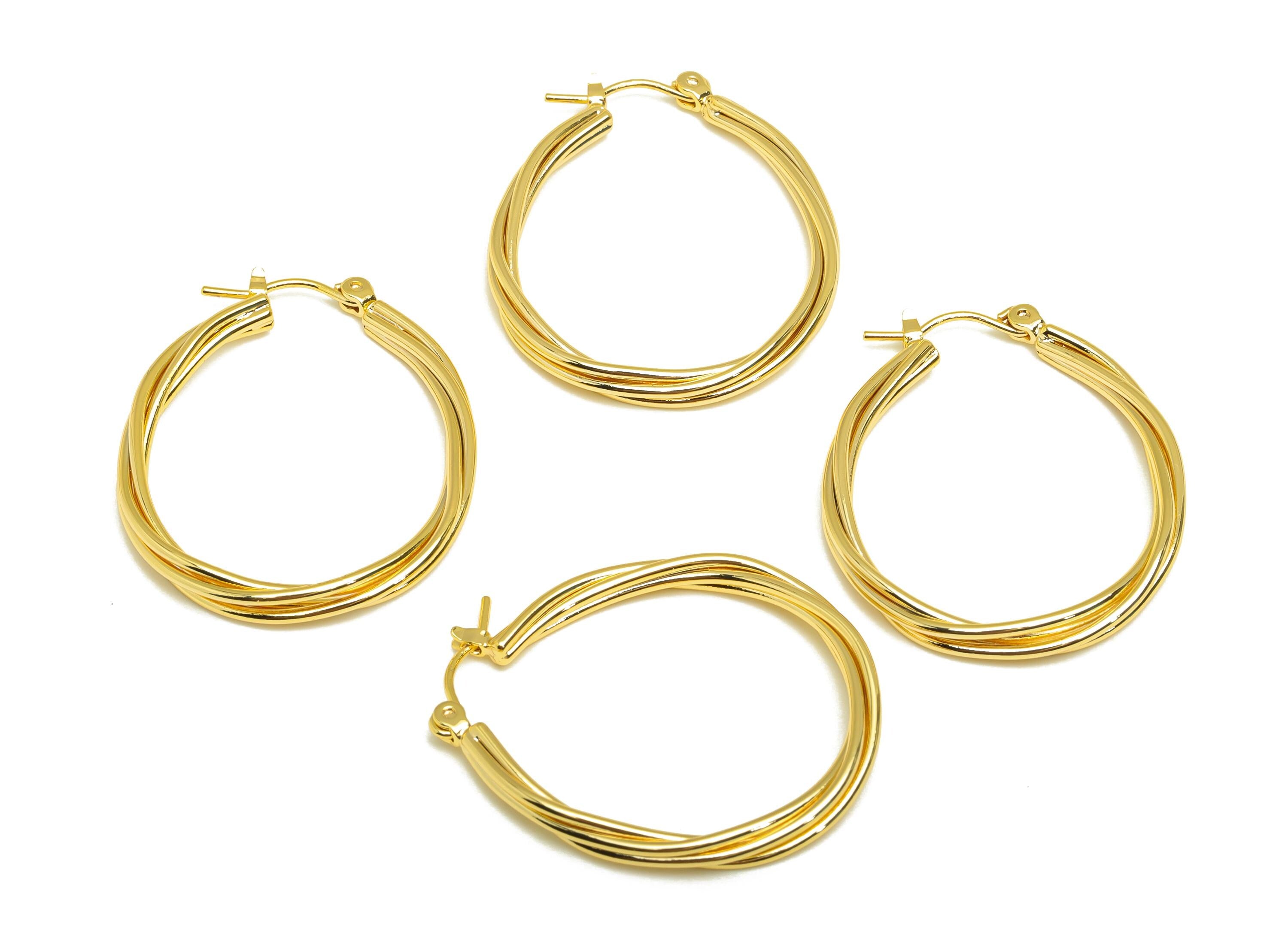 Brass Hoop Earring - Brass Hinged Back Earring - Brass Twine Wire Hinged Back Hoop Earring - 18K Real Gold Plating - 34.6x28x2mm - RGP7854 - DOMEDBAZAAR