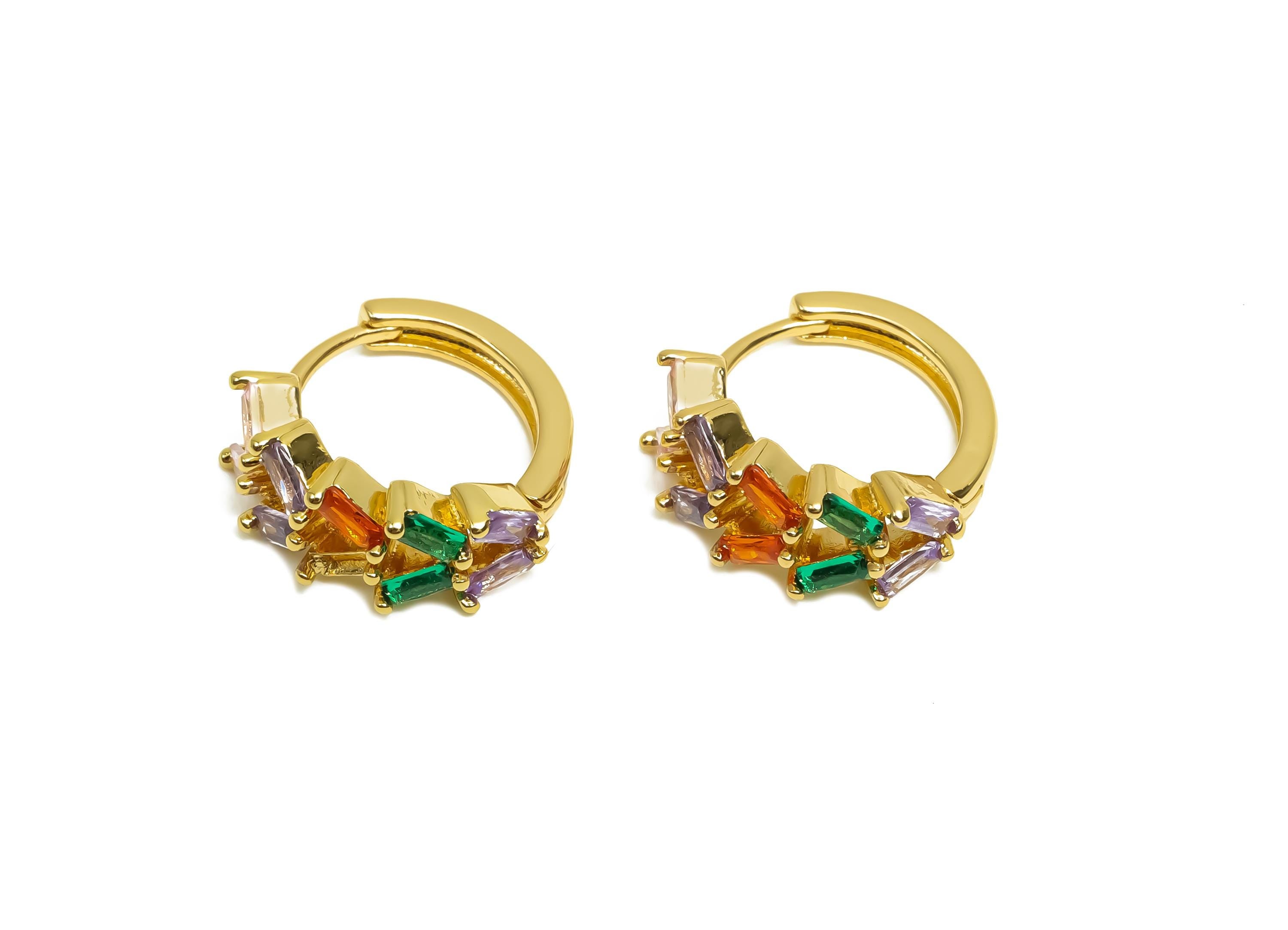 Brass CZ Hoop Earring - Rainbow Zircon Huggie Hoop Earring - Trapezoid Hoop Earring Clasp - 18K Real Gold Plating - 14.6x14x6mm - RGP8370 - DOMEDBAZAAR