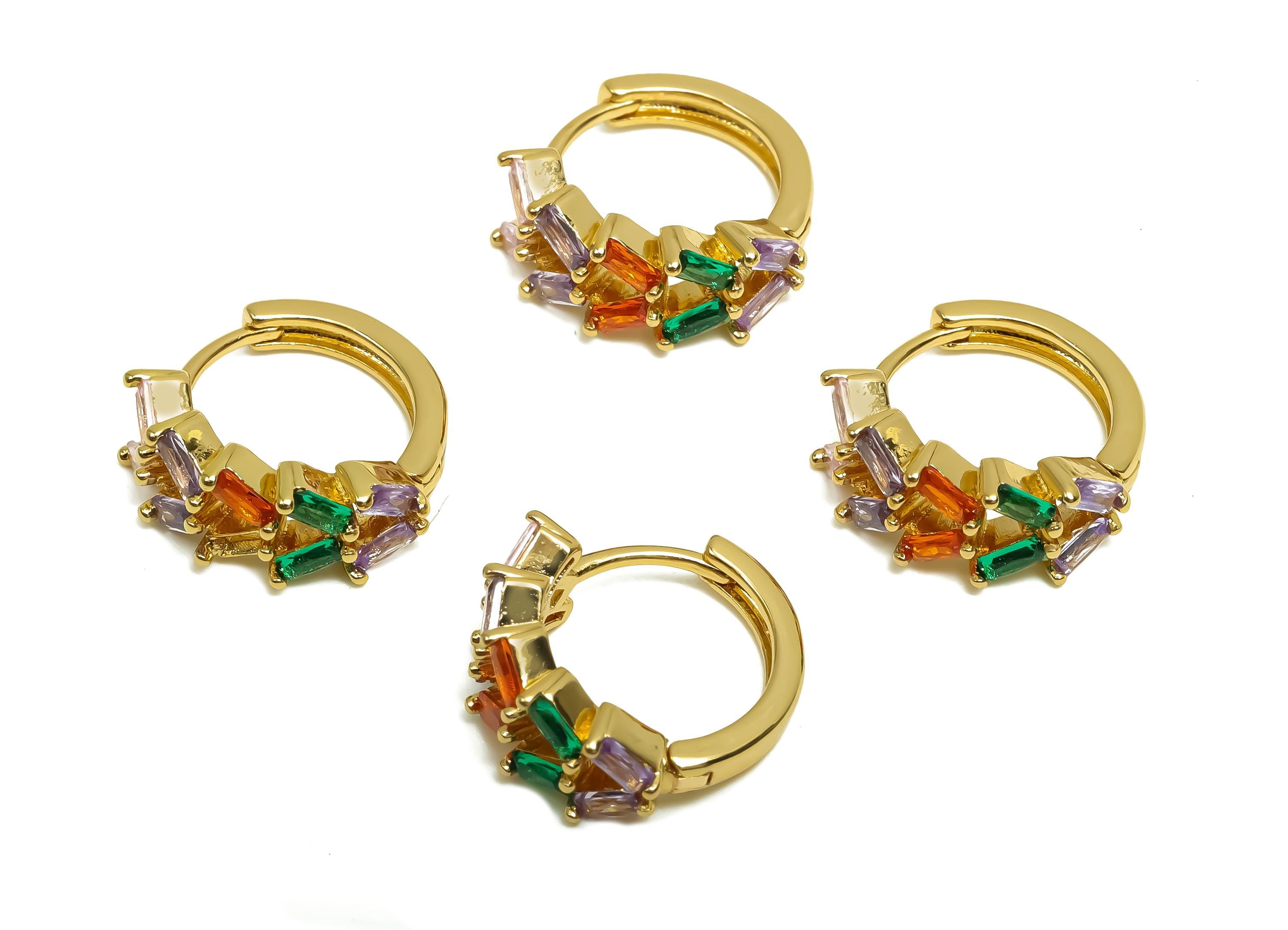 Brass CZ Hoop Earring - Rainbow Zircon Huggie Hoop Earring - Trapezoid Hoop Earring Clasp - 18K Real Gold Plating - 14.6x14x6mm - RGP8370 - DOMEDBAZAAR