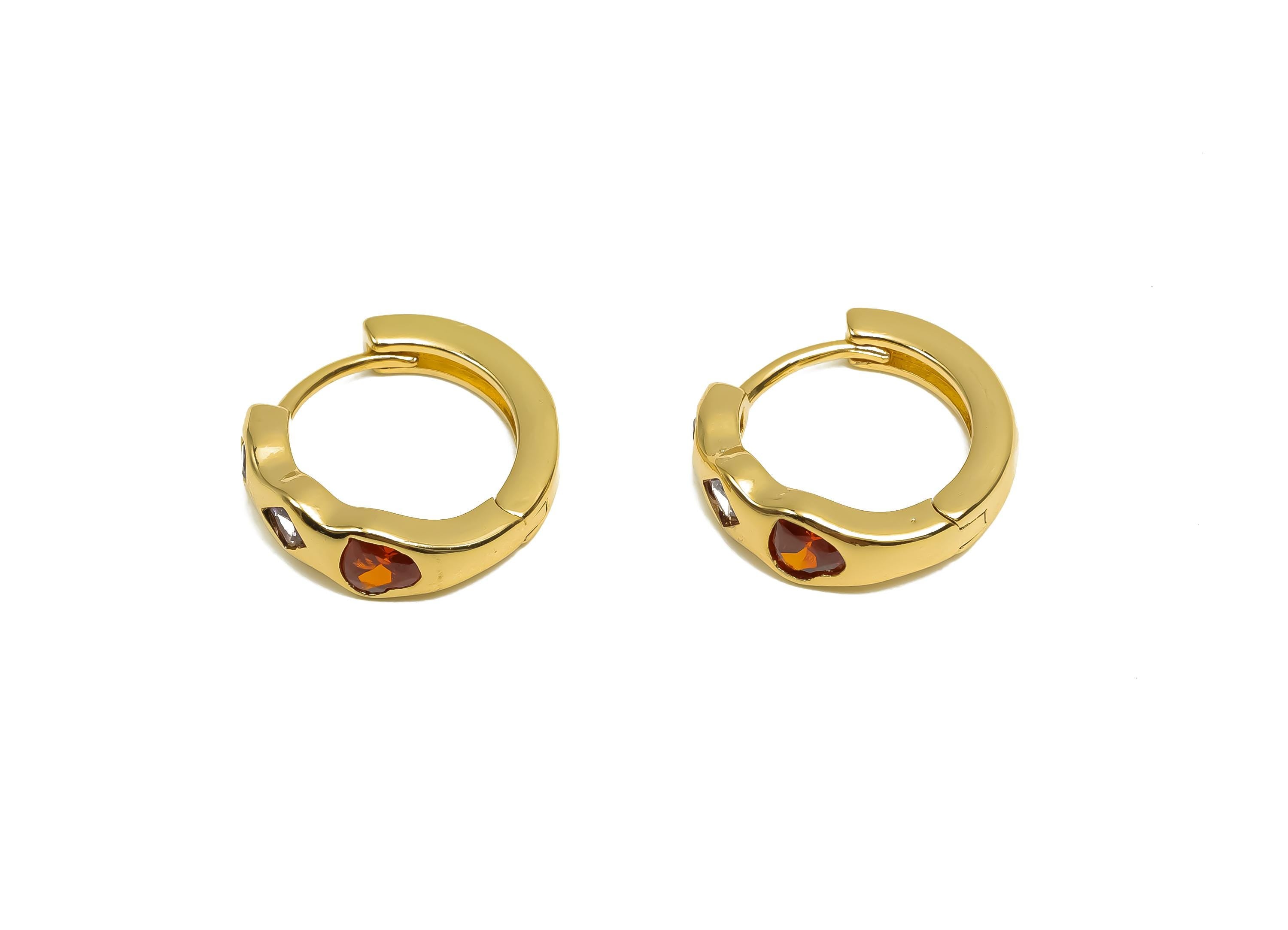 Brass CZ Hoop Earring - Rainbow Zircon Huggie Hoop Earring - Heart Hoop Earring Clasp - 18K Real Gold Plating - 15.4x14.6x5.12mm - RGP8393 - DOMEDBAZAAR