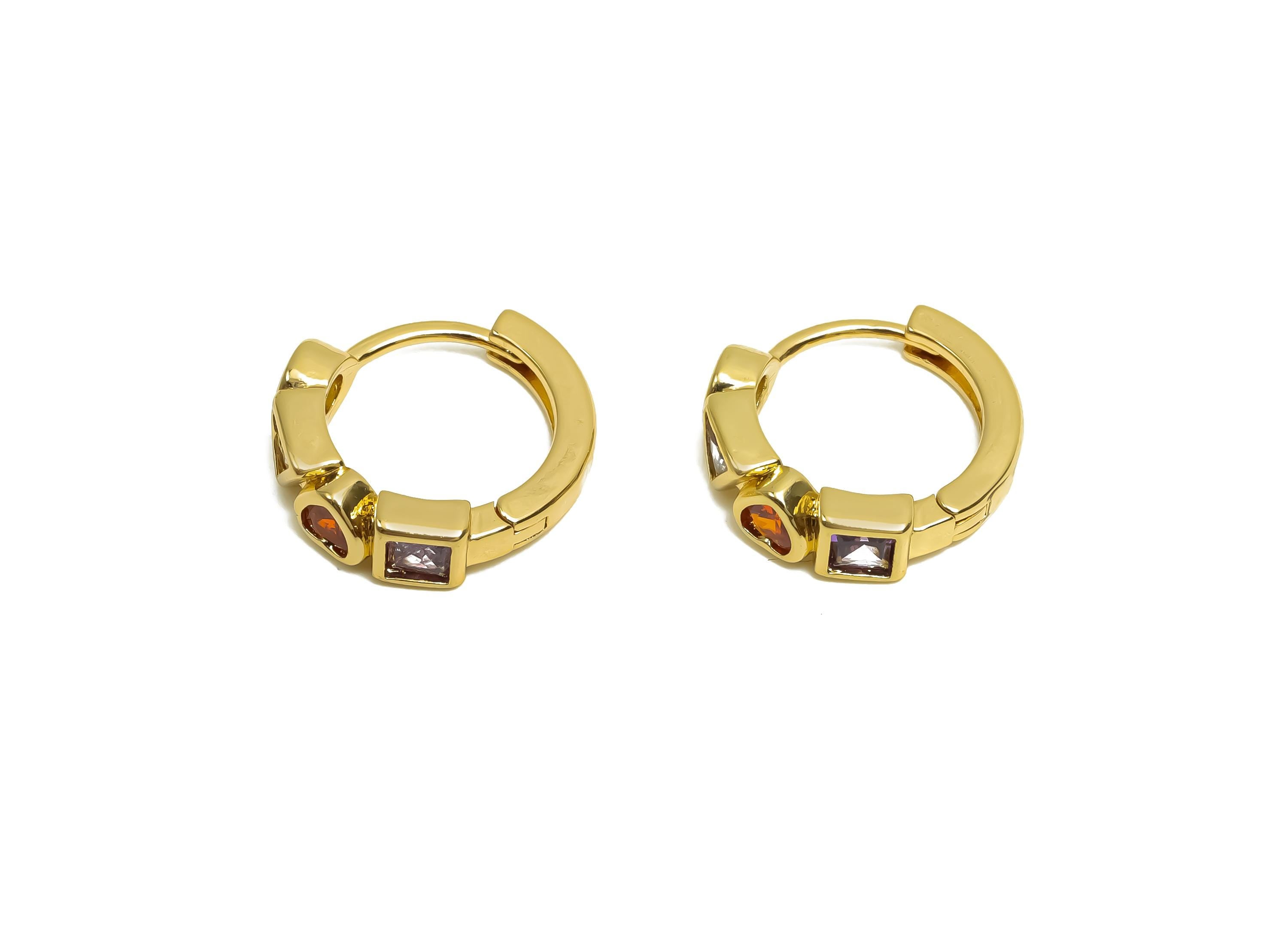 Brass CZ Hoop Earring - Rainbow Zircon Huggie Hoop Earring - Geometry Hoop Earring Clasp - 18K Real Gold Plating - 14.3x13.5x4mm - RGP8371 - DOMEDBAZAAR