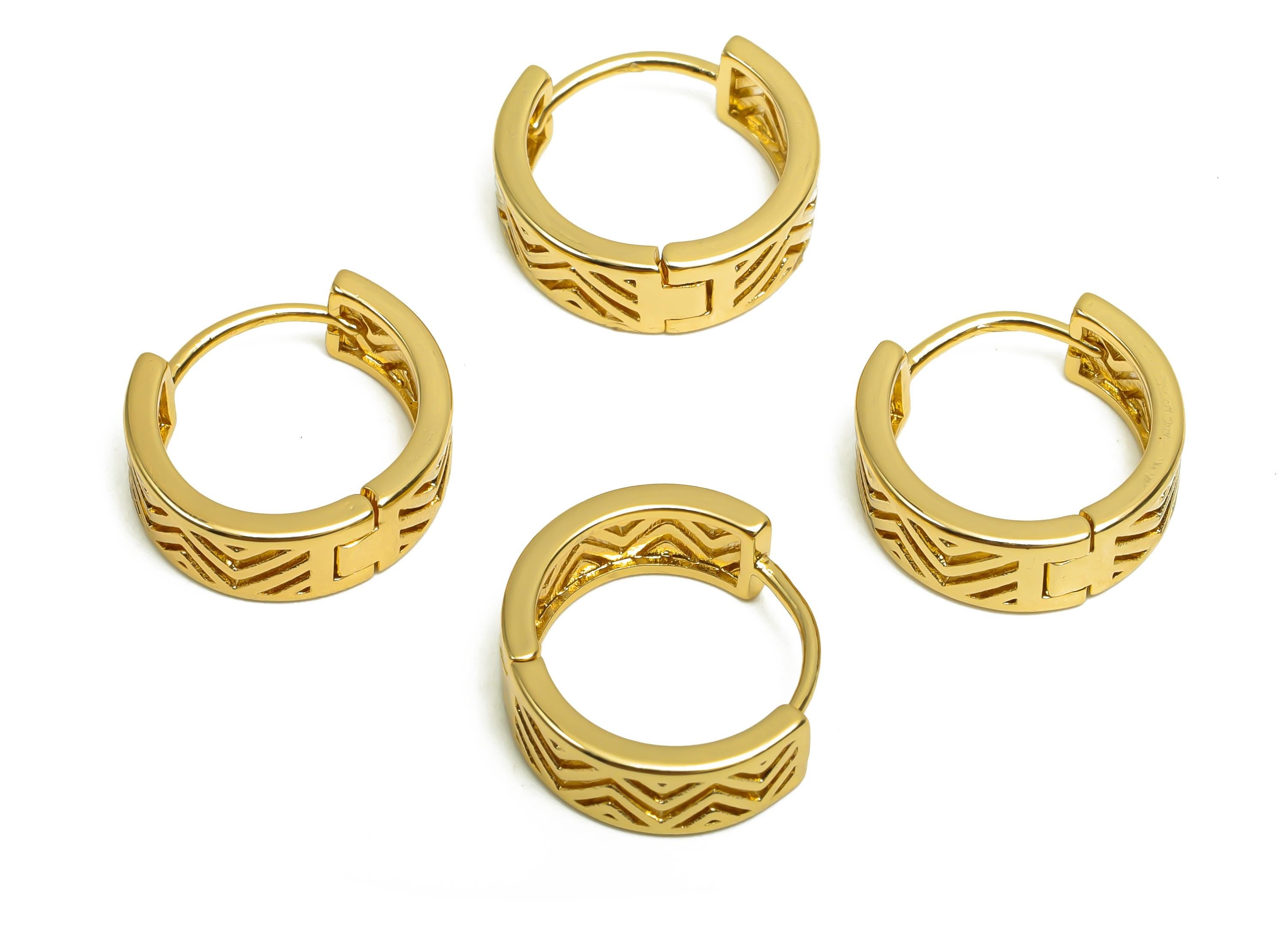Brass Hoop Earring - Brass Pattern Huggie Hoop Earring - Brass Wide Hoop Earring Clasp - 18K Real Gold Plating - 14.3x14.1x5.2mm - RGP8363 - DOMEDBAZAAR
