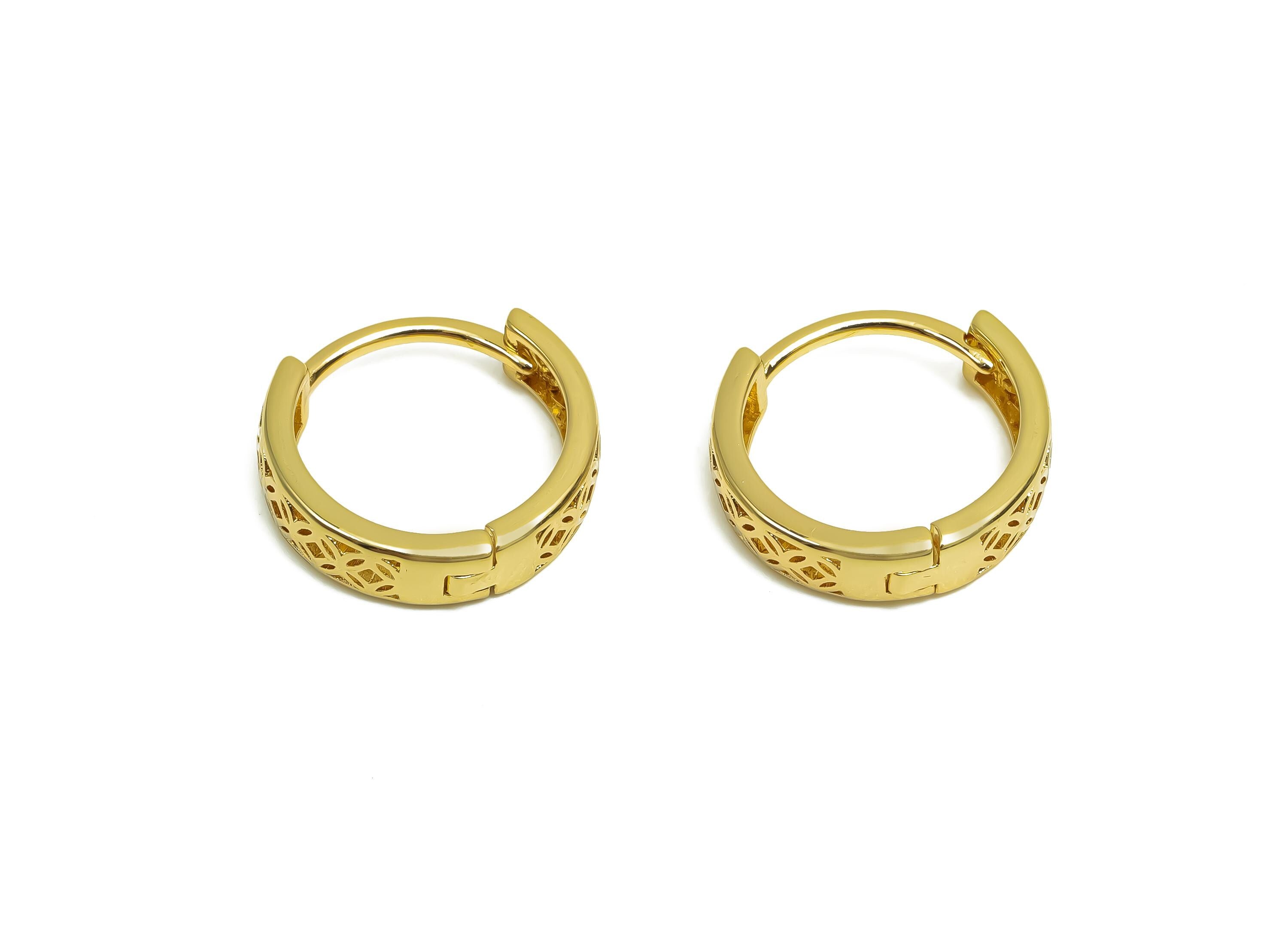 Brass Hoop Earring - Brass Pattern Huggie Hoop Earring - Brass Round Hoop Earring Clasp - 18K Real Gold Plating - 15.6x15.2x4.2mm - RGP8364 - DOMEDBAZAAR