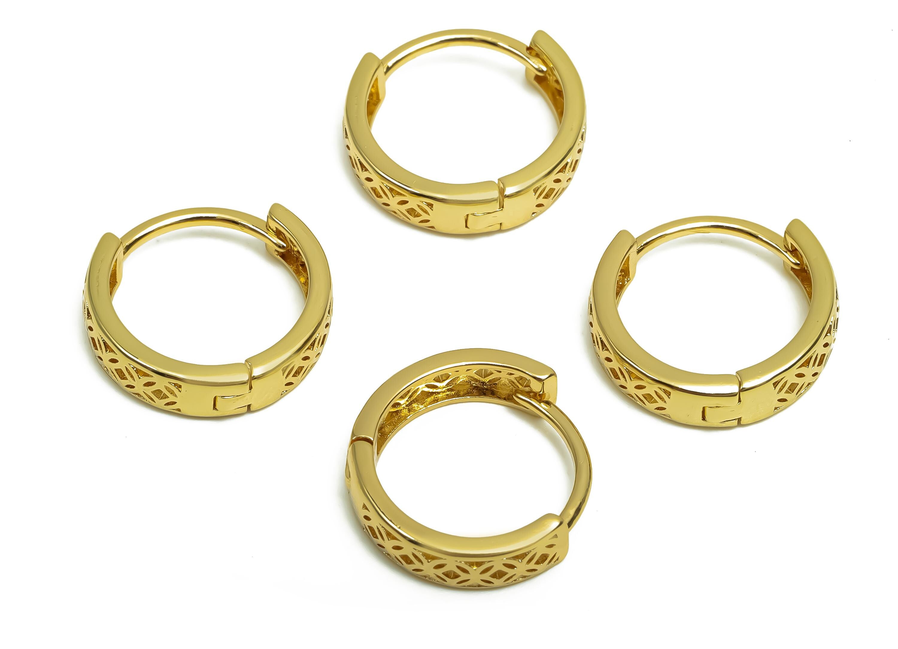 Brass Hoop Earring - Brass Pattern Huggie Hoop Earring - Brass Round Hoop Earring Clasp - 18K Real Gold Plating - 15.6x15.2x4.2mm - RGP8364 - DOMEDBAZAAR
