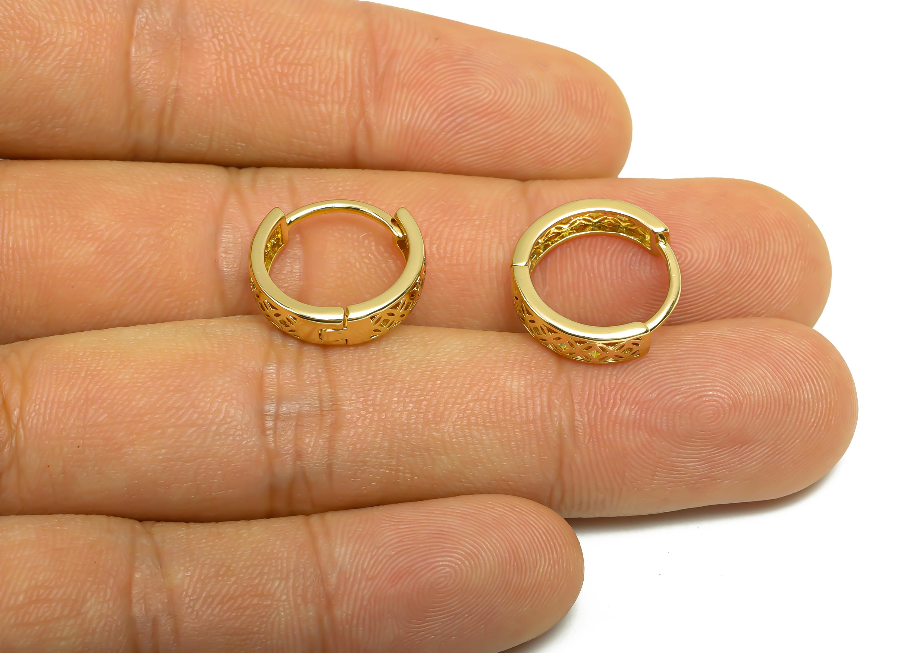 Brass Hoop Earring - Brass Pattern Huggie Hoop Earring - Brass Round Hoop Earring Clasp - 18K Real Gold Plating - 15.6x15.2x4.2mm - RGP8364 - DOMEDBAZAAR