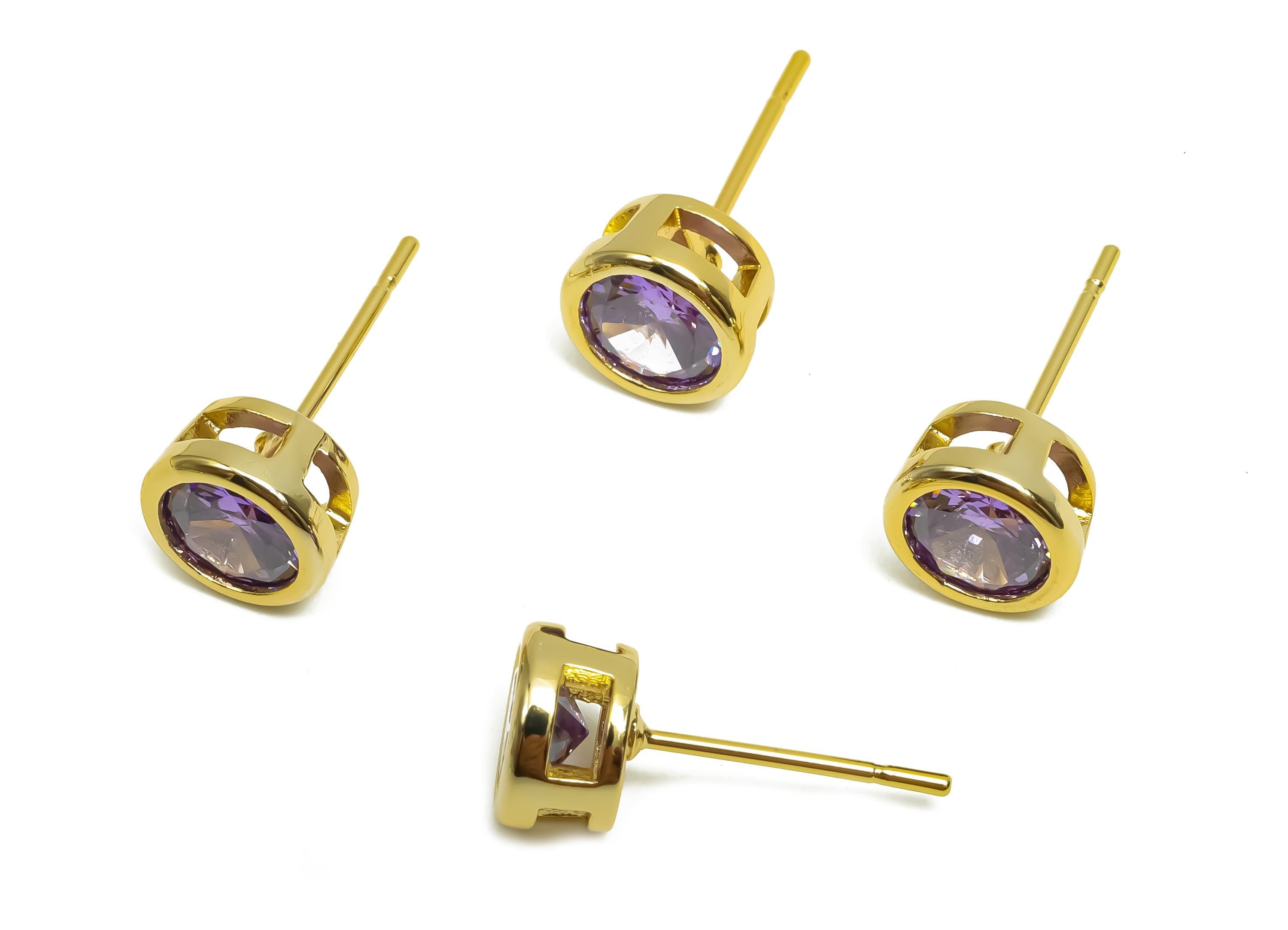 Brass CZ Earring Post - Brass Violet Earring Stud - Brass Cubic Zircon Earring Post  - 18K Real Gold Plating - 16x7x5.5mm - RGP8395B - DOMEDBAZAAR