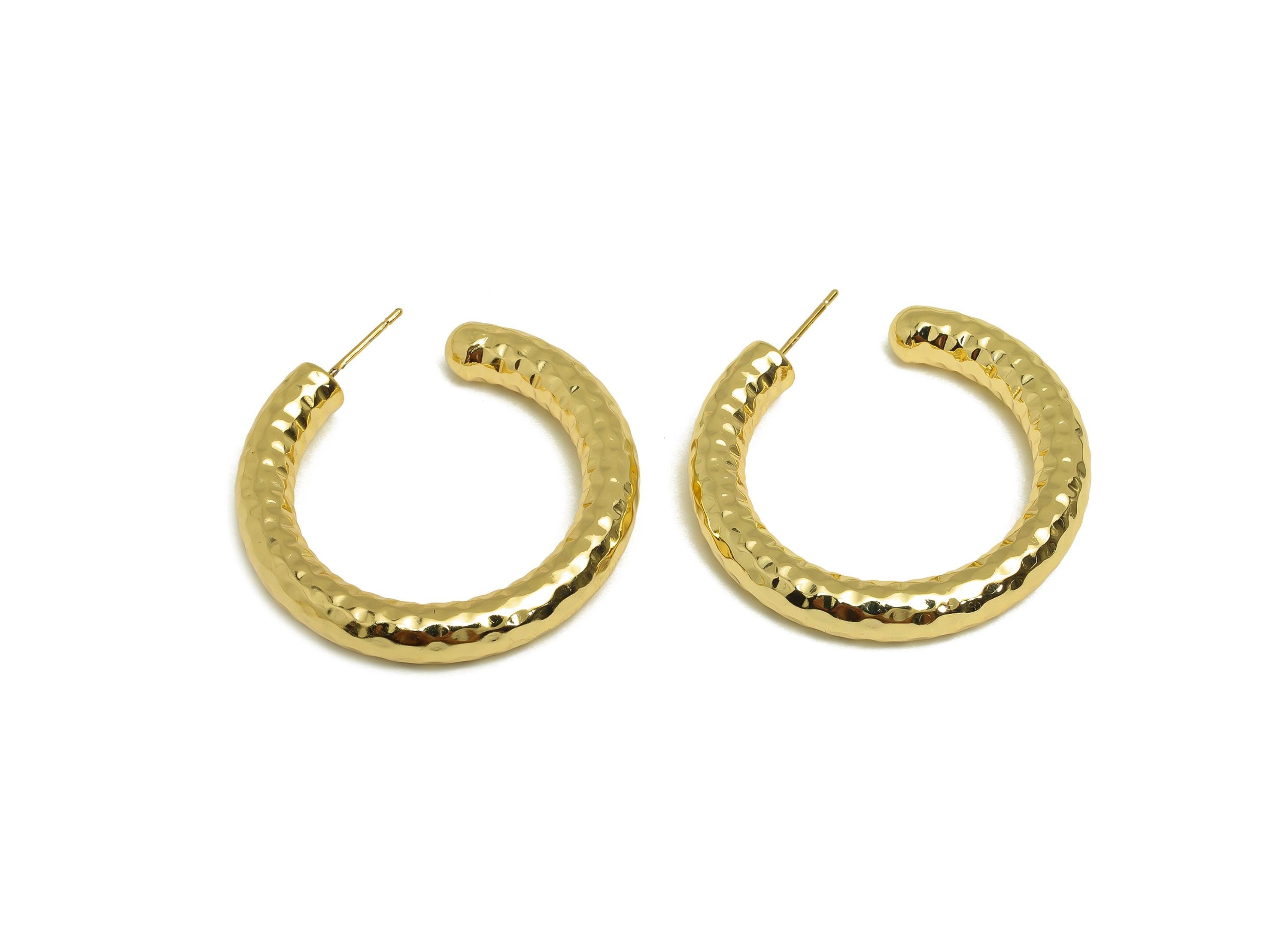 Brass Hoop Earring Stud - Thick Open Hoop Earring Post - Brass Textured Hoop Earring Post - 18K Real Gold Plating - 40.2x39x6.1mm - RGP7904 - DOMEDBAZAAR