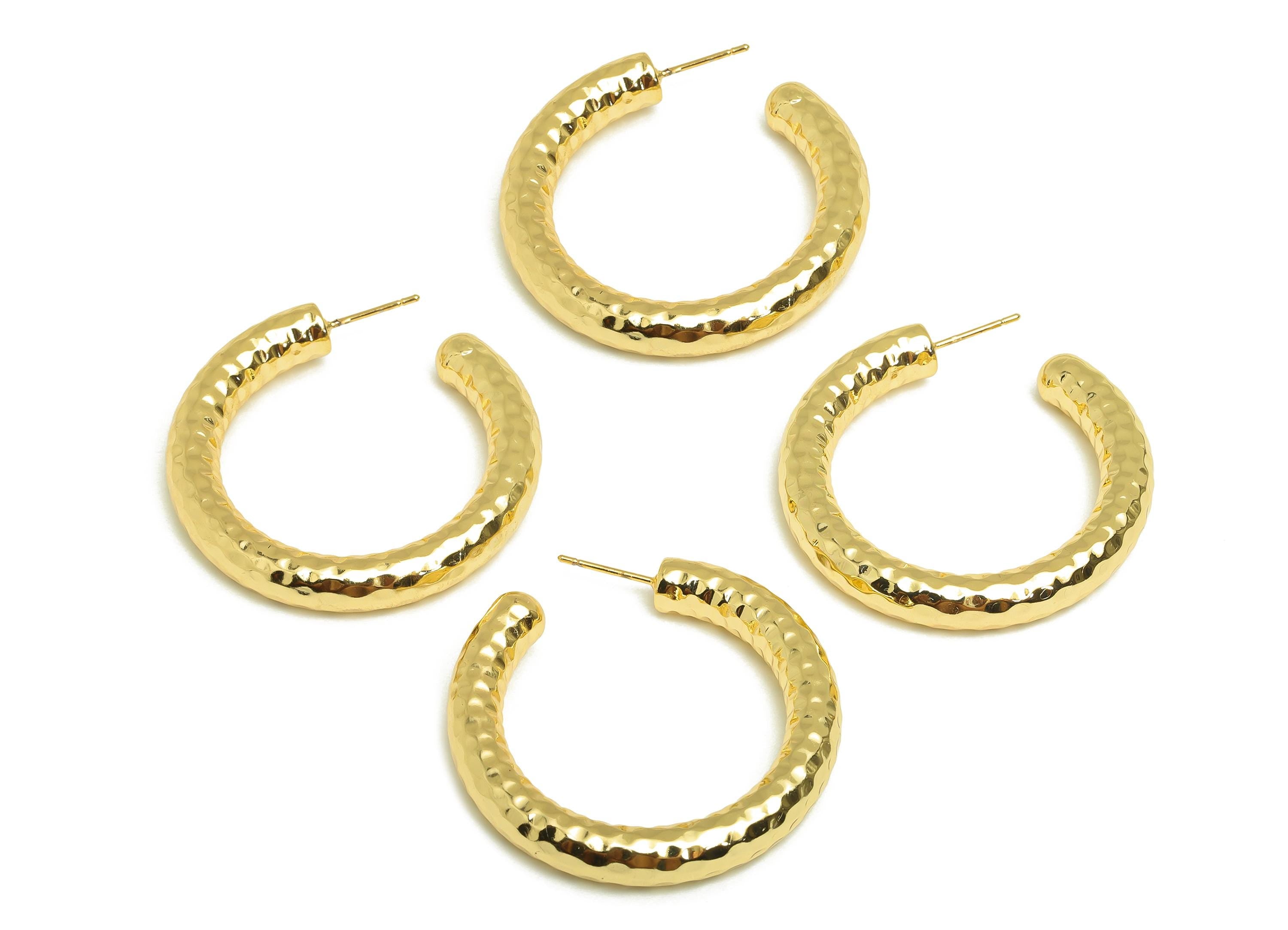 Brass Hoop Earring Stud - Thick Open Hoop Earring Post - Brass Textured Hoop Earring Post - 18K Real Gold Plating - 40.2x39x6.1mm - RGP7904 - DOMEDBAZAAR