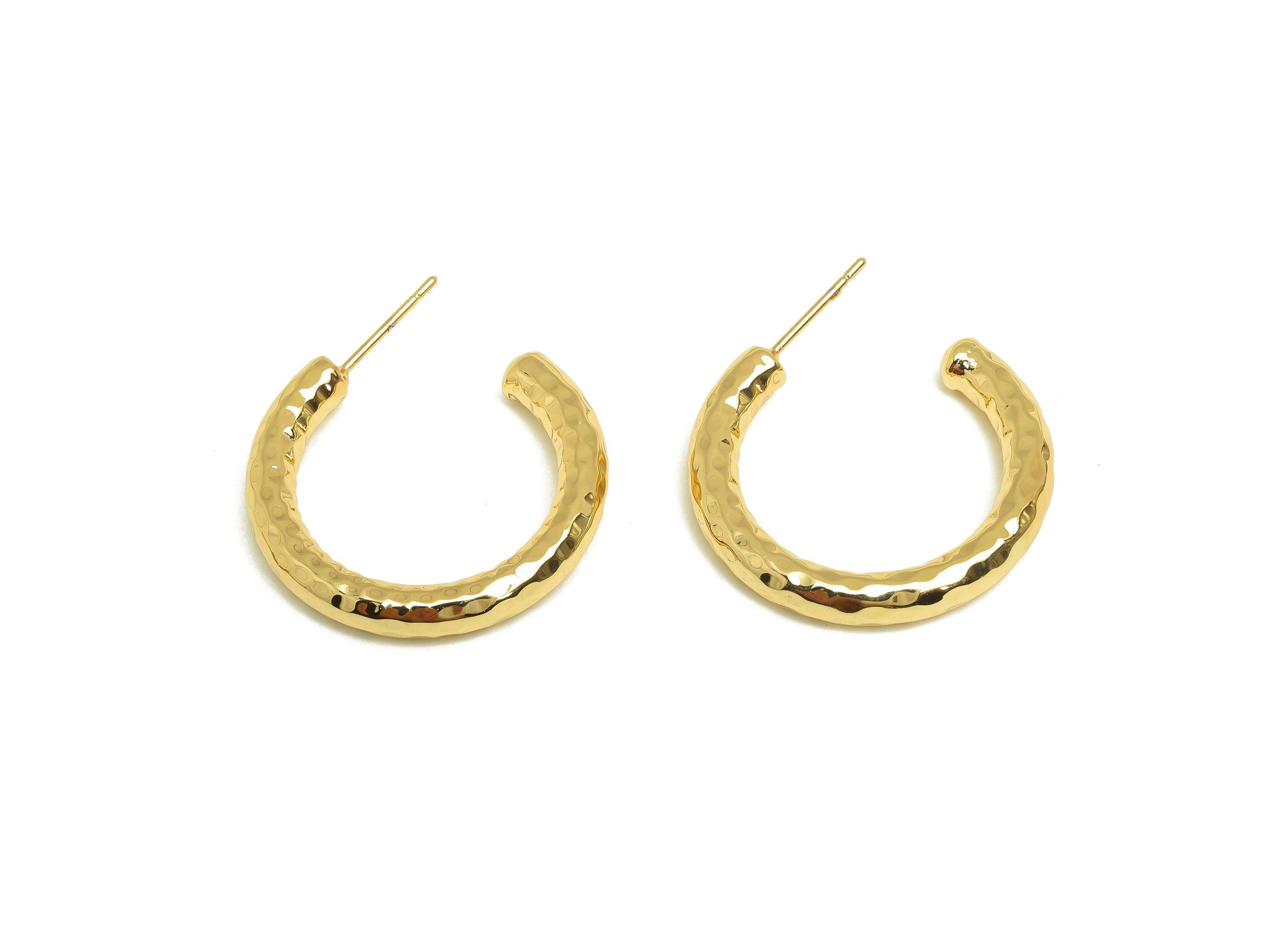 Brass Hoop Earring Stud - Thick Open Hoop Earring Post - Brass Textured Hoop Earring Post - 18K Real Gold Plating - 30x27x3.94mm - RGP7901 - DOMEDBAZAAR