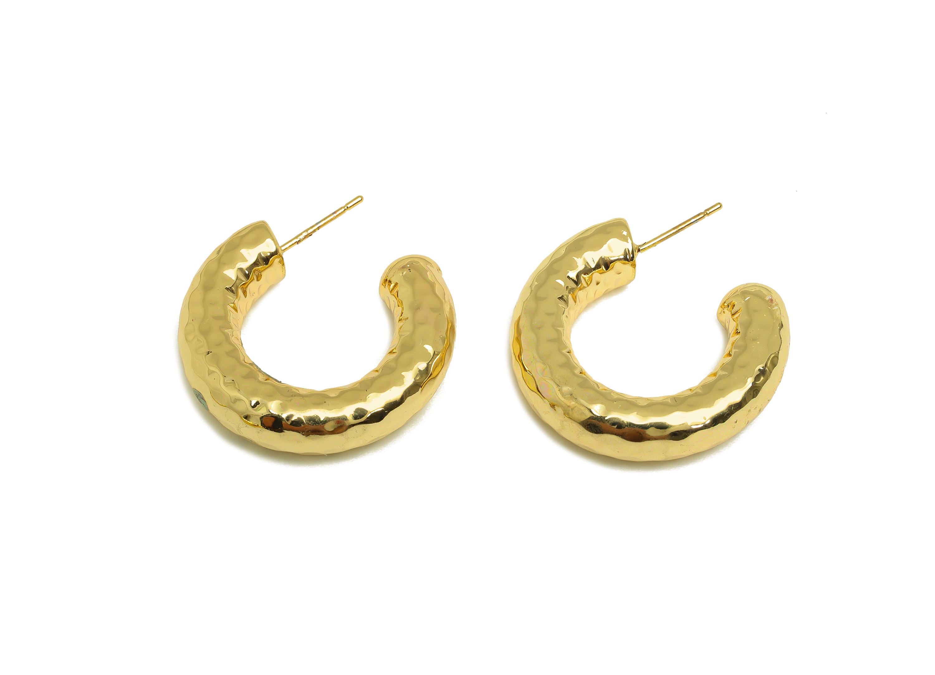Brass Hoop Earring Stud - Thick Open Hoop Earring Post - Brass Textured Hoop Earring Post - 18K Real Gold Plating - 30x28x7.1mm - RGP7902 - DOMEDBAZAAR