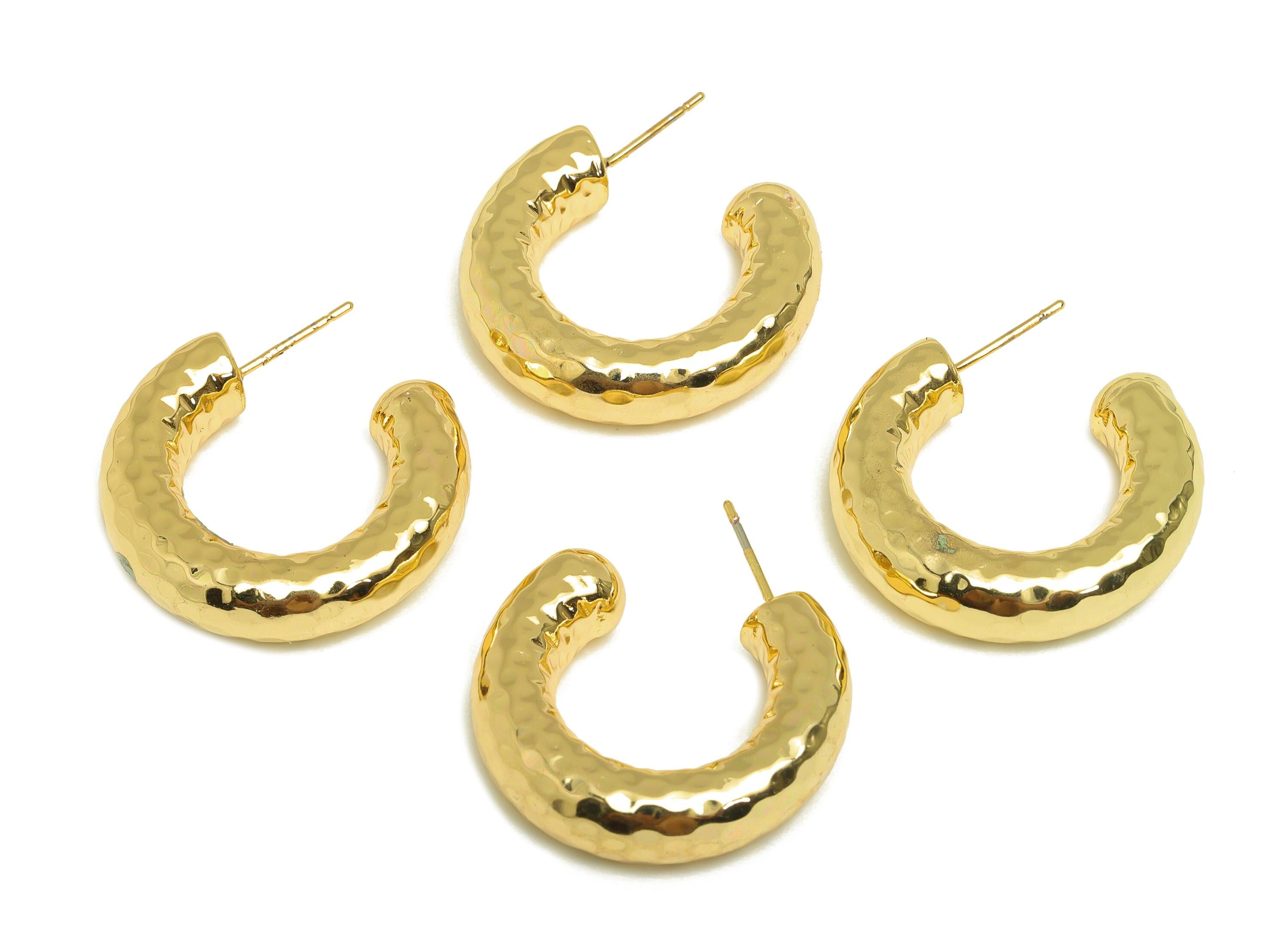 Brass Hoop Earring Stud - Thick Open Hoop Earring Post - Brass Textured Hoop Earring Post - 18K Real Gold Plating - 30x28x7.1mm - RGP7902 - DOMEDBAZAAR