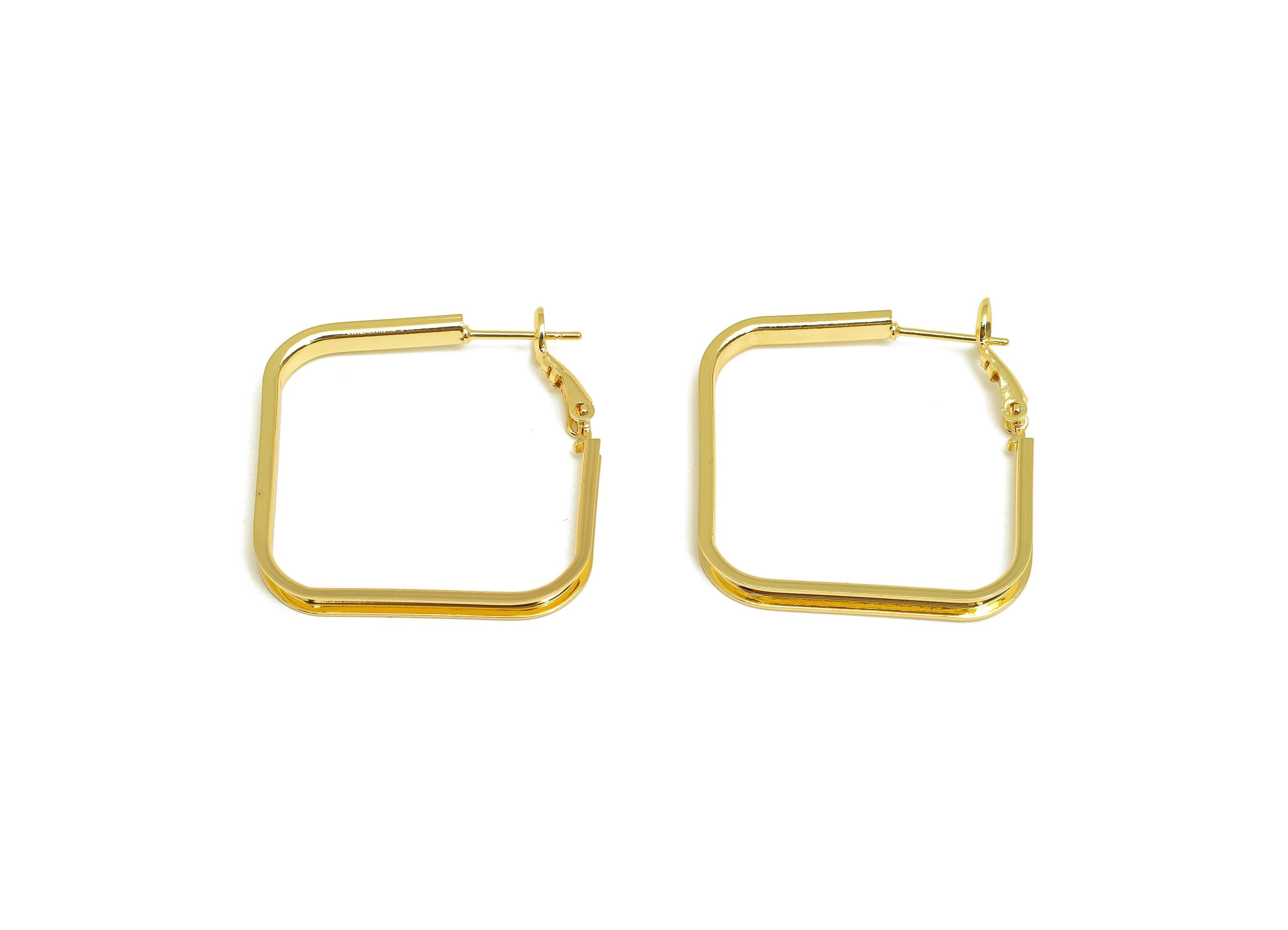 Brass Square Hoop Earring - Clasp Back Earring - Square Clasp Back Hoop Earring - 18K Real Gold Plating - 38.5x34.92x3.05mm - RGP7891 - DOMEDBAZAAR