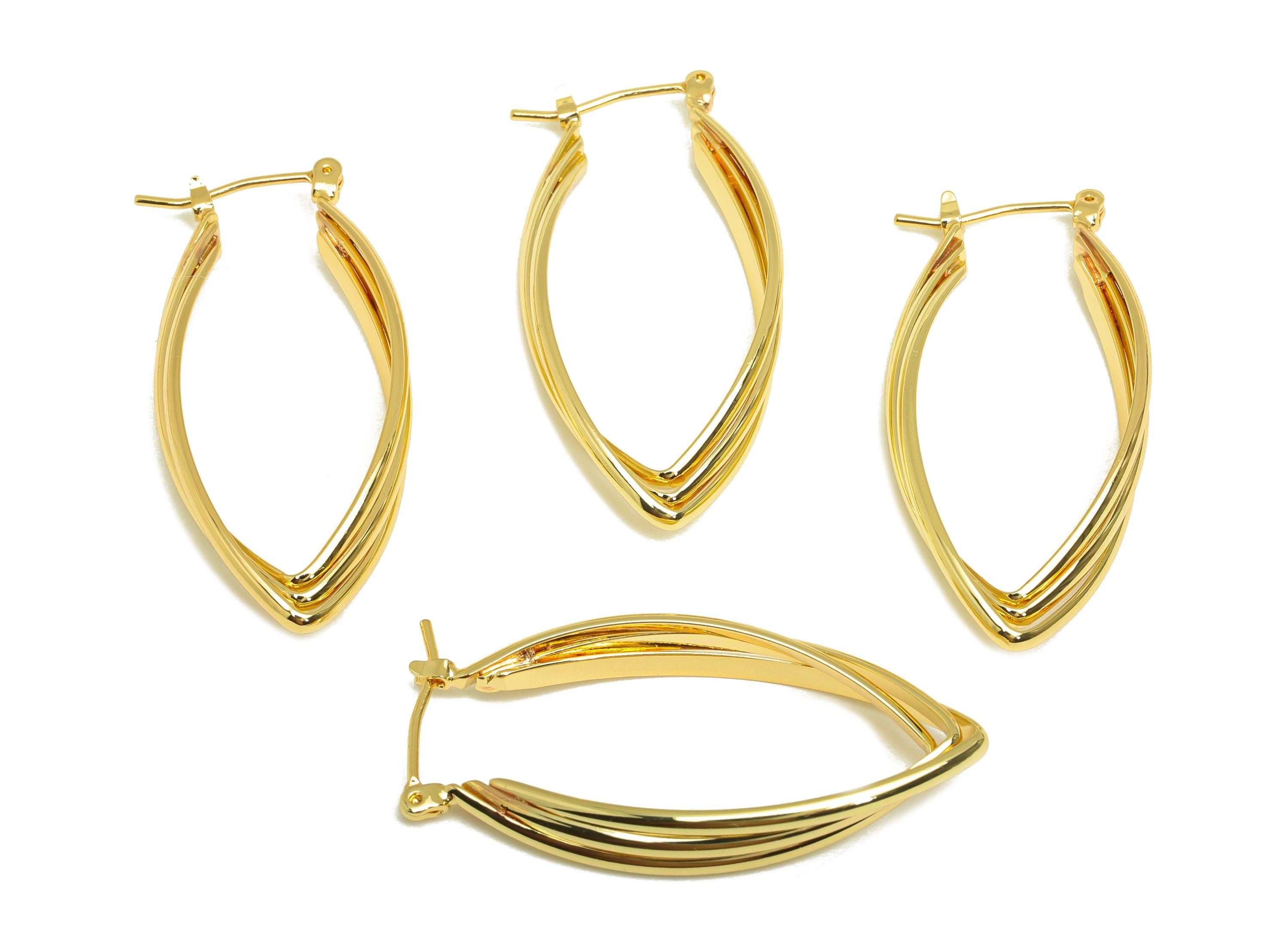 Brass Hoop Earring - Brass Marquise Hinged Back Earring - Textured Hinged Pentagon Earring - 18K Real Gold Plating - 38x18.86x2mm - RGP7883 - DOMEDBAZAAR