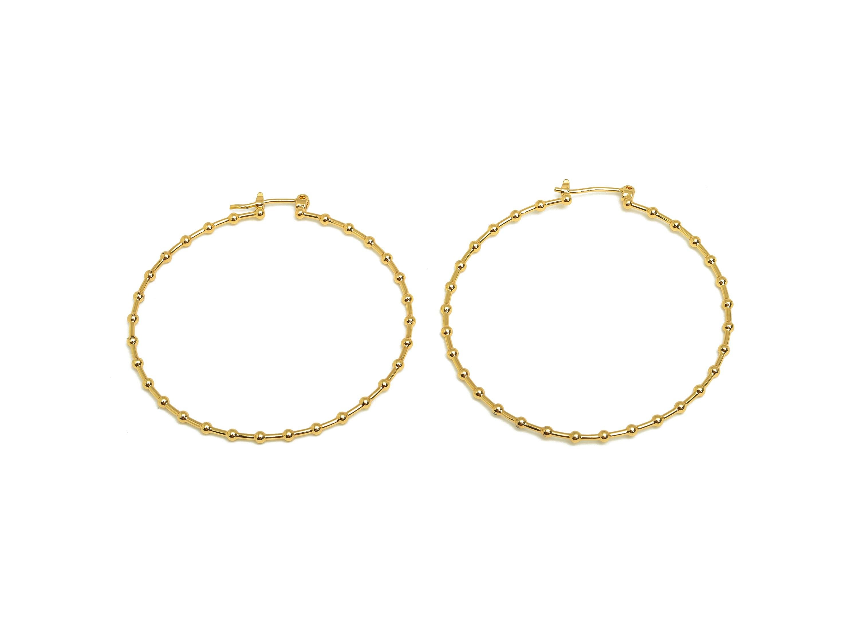 Brass Bead Hoop Earring - Brass Round Hinged Back Earring - Brass Hinged Back Hoop Earring - 18K Real Gold Plating - 50x49x1.8mm - RGP7894 - DOMEDBAZAAR