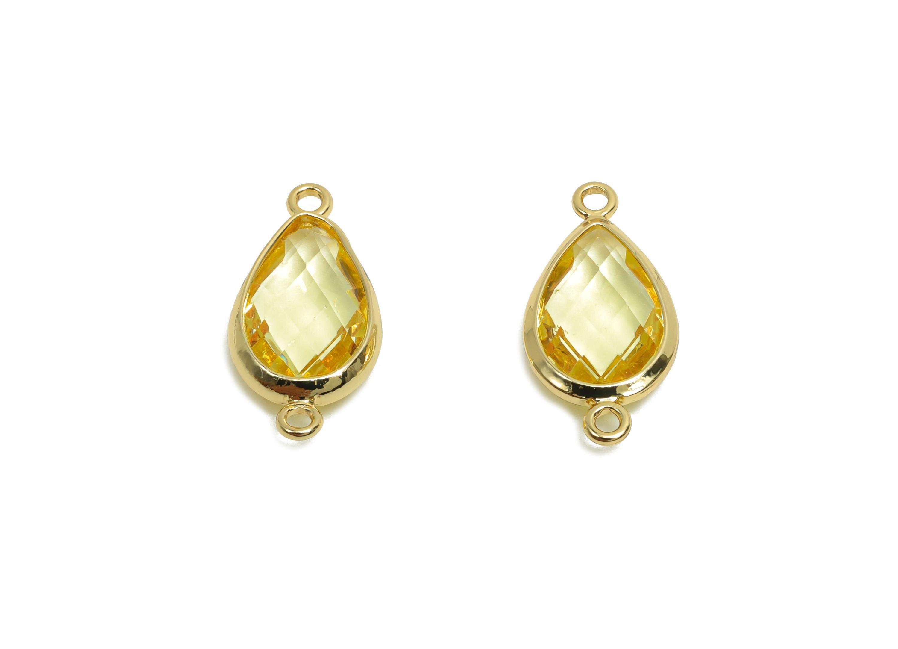 Brass Teardrop Connector - Brass Faceted Glass Earring Charm - Crystal Yellow Glass Connector - 18K Real Gold Plating - 19x9x4mm - RGP6920R - DOMEDBAZAAR