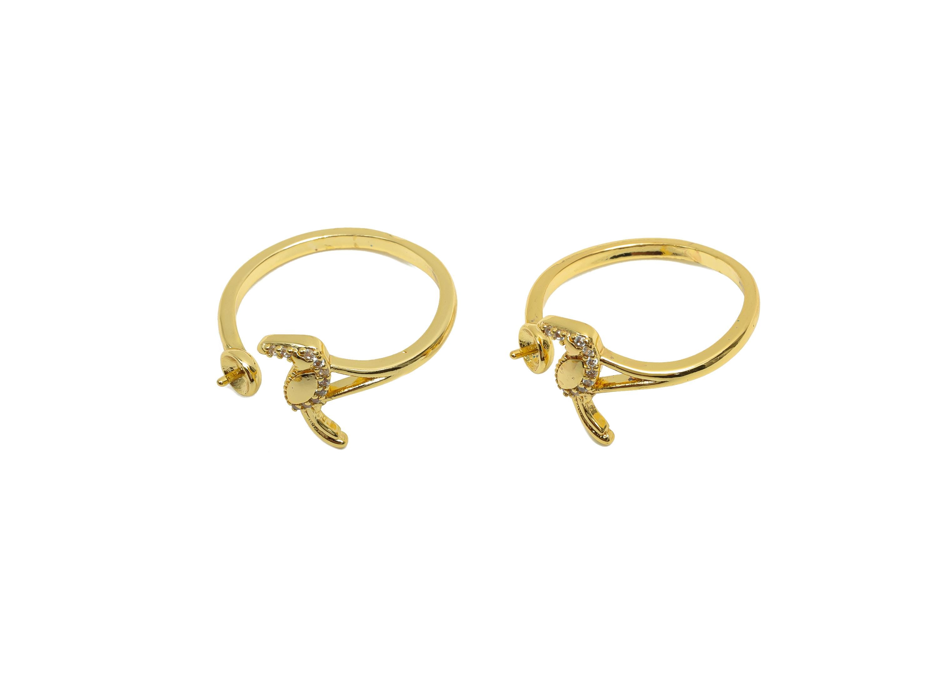 Brass CZ Adjustable Ring - Brass Woodpecker Ring - Brass Rings For Pearl - Cubic Zircon Ring - 18K Real Gold Plating - 21x12x1mm - RGP7025 - DOMEDBAZAAR