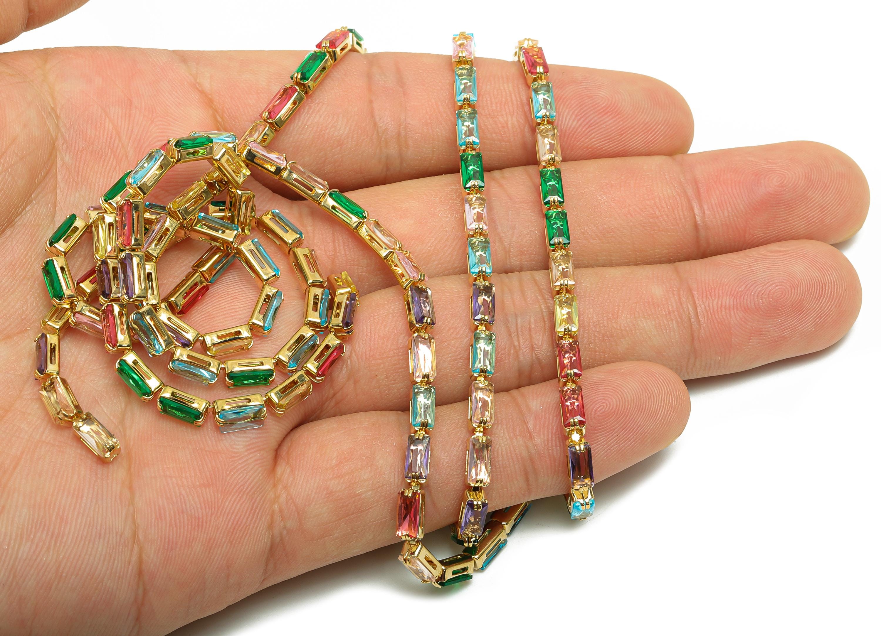 3*6mm Rectangular Zircon Chain - Brass Mix Color Cubic Zircon Bracelet Chain - Oblique Claw Chain - 18k Real Gold Plating - 3x6mm - RGP6915R - DOMEDBAZAAR