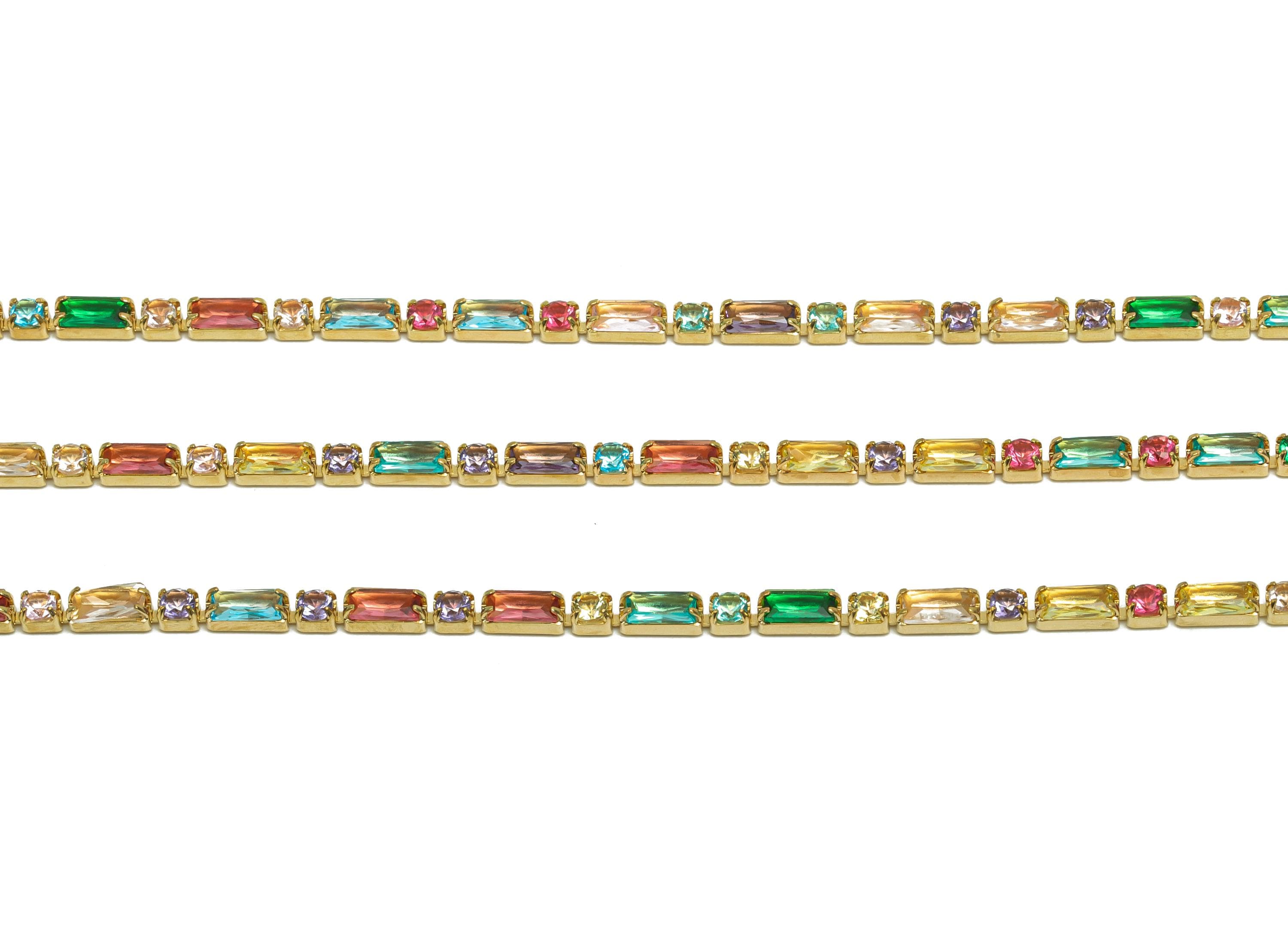 2.5*5+2.5mm Zircon Brass Chain - Raw Brass Rectangular Mix Color Cubic Zircon Bracelet Chain - 18K Real Gold Plating   - 21x21x1mm -RGP6912R - DOMEDBAZAAR