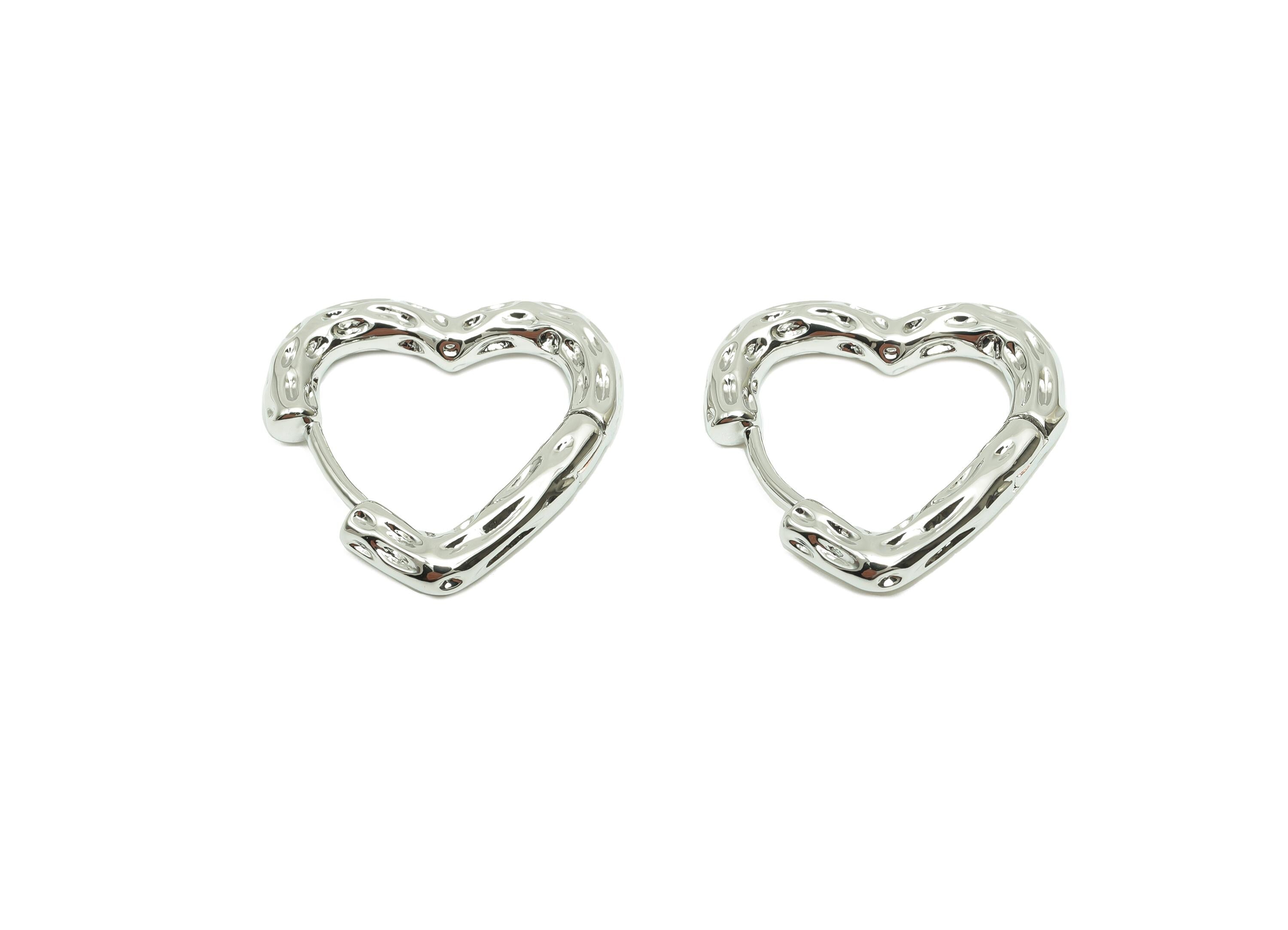 Hammered Heart Earring - For Women&#39;s Earring - Brass Valentine&#39;s Day Hoop Earring - 18K Real White Gold Plated - 17.97x18.92x3.2mm - RGP8234 - DOMEDBAZAAR