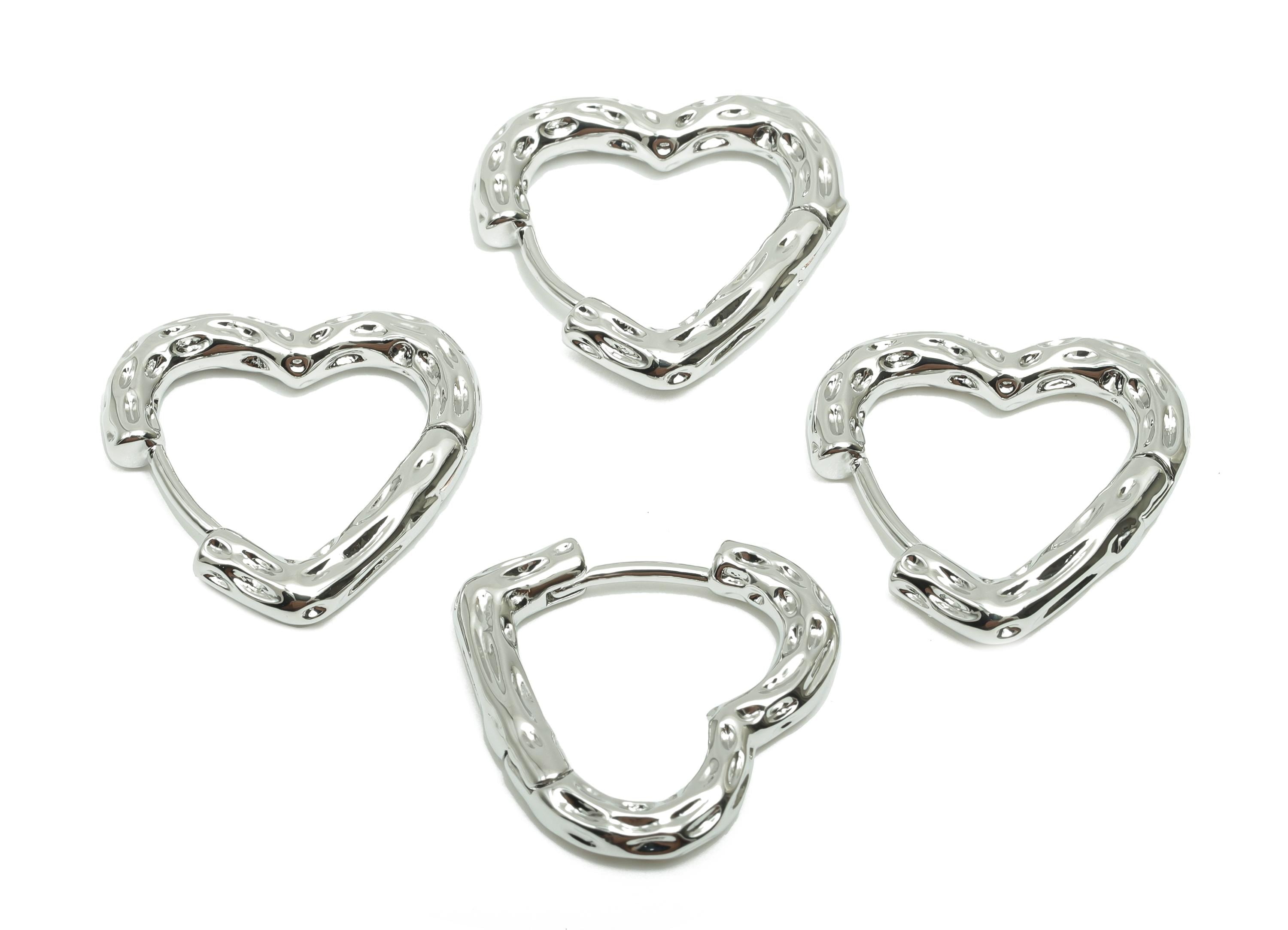 Hammered Heart Earring - For Women&#39;s Earring - Brass Valentine&#39;s Day Hoop Earring - 18K Real White Gold Plated - 17.97x18.92x3.2mm - RGP8234 - DOMEDBAZAAR