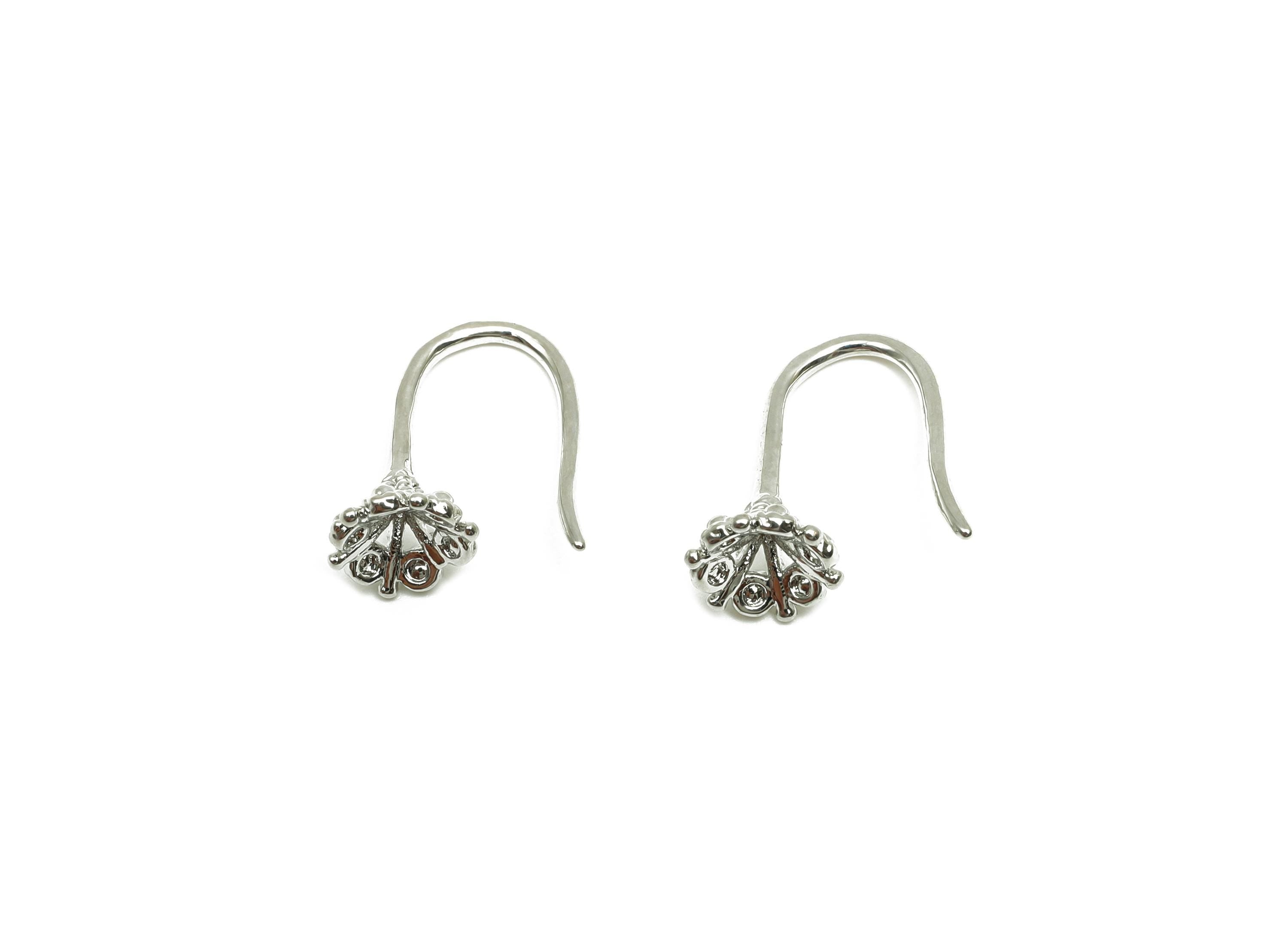 Flower Earring Wire - For Lady&#39;s Mini Earring Hook - Textured Flower Ear for Daily - 18K Real White Gold Plating -13.34x6.21x1.28mm- RGP8238 - DOMEDBAZAAR