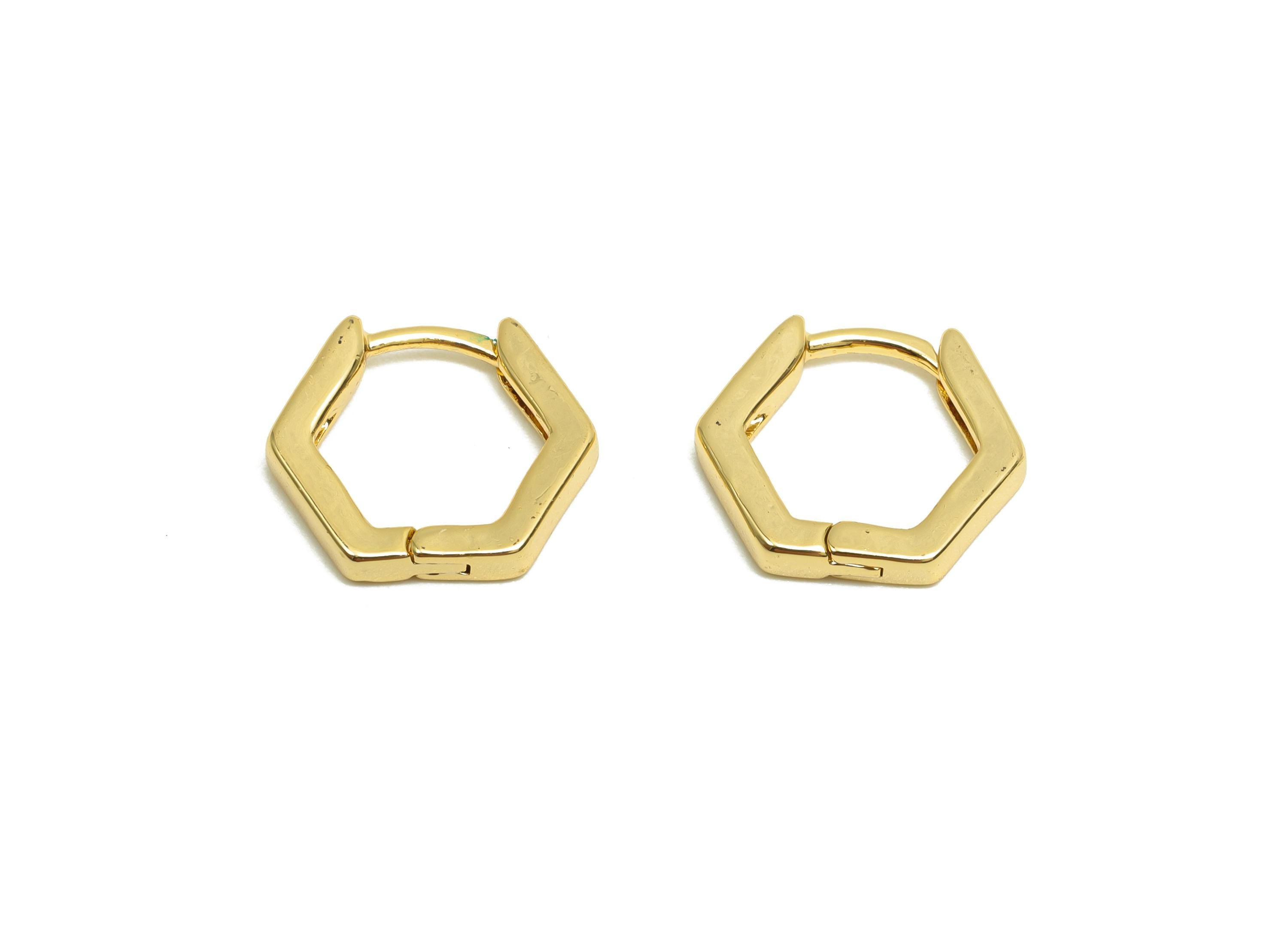Brass Hexagon Hoop Earring - Minimalist Gift For Her - Brass Gold Jewelry Huggie  Earring - 18K Real Gold Plating - 9.96x10.37x2mm - RGP8290 - DOMEDBAZAAR