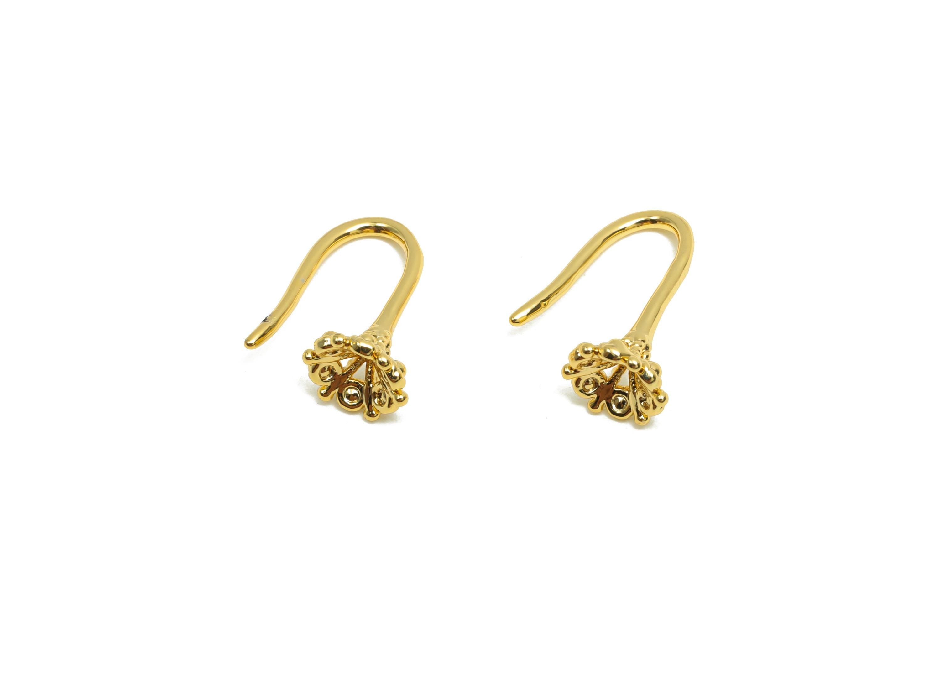Brass Flower Earring Wire - For Lady&#39;s Mini Earring Hook - Textured Flower Earring Hoop Wire - 18K Real Gold Plating - 13.34x6x1mm- RGP8312 - DOMEDBAZAAR