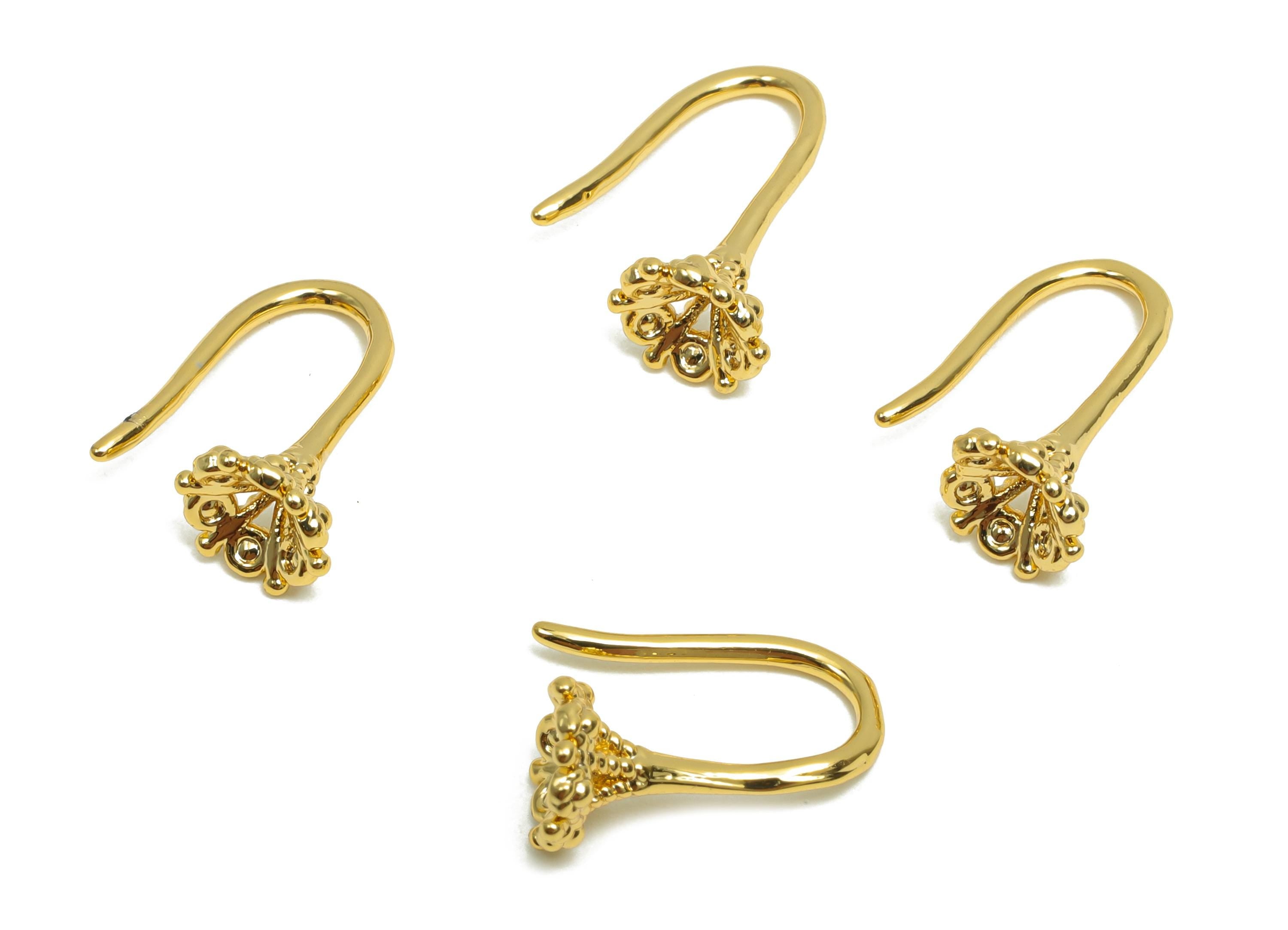 Brass Flower Earring Wire - For Lady&#39;s Mini Earring Hook - Textured Flower Earring Hoop Wire - 18K Real Gold Plating - 13.34x6x1mm- RGP8312 - DOMEDBAZAAR