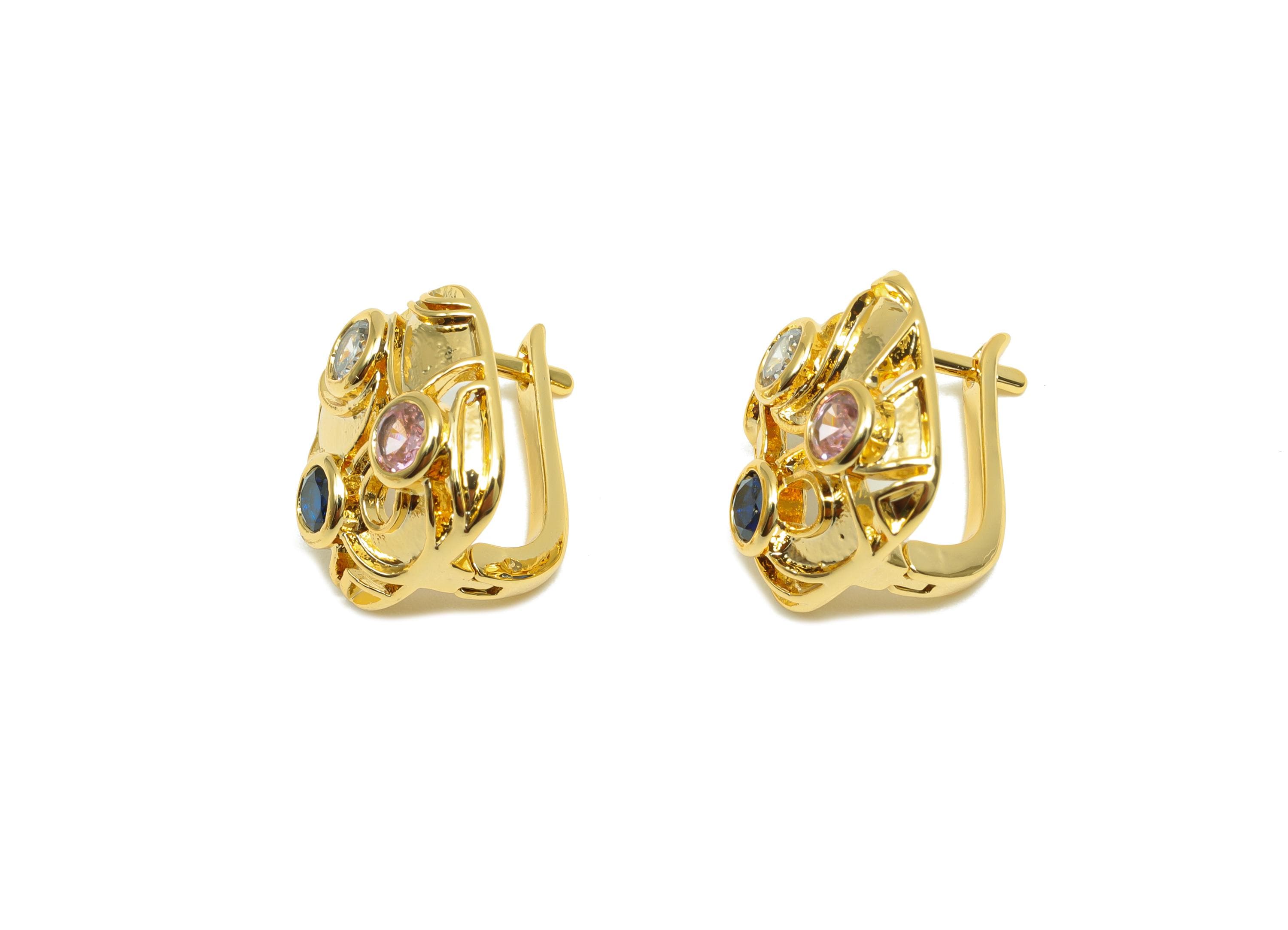 Brass CZ Hoop Earring - Brass Cubic Zircon English Lock Earring - Brass Square Hoop Earring -18K Real Gold Plating - 15.9x13x3mm - RGP8315 - DOMEDBAZAAR