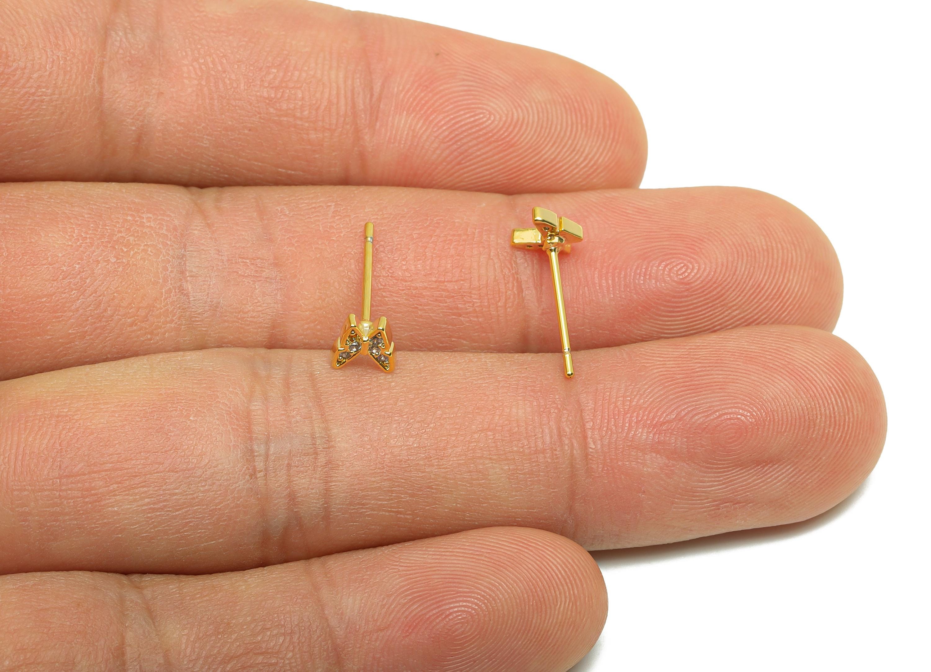 Brass CZ Earring Post - Brass Butterfly Earring Stud - Brass Cubic Zircon Earring Post  - 18K Real Gold Plating - 13.8x4.93x1.82mm - RGP8300 - DOMEDBAZAAR