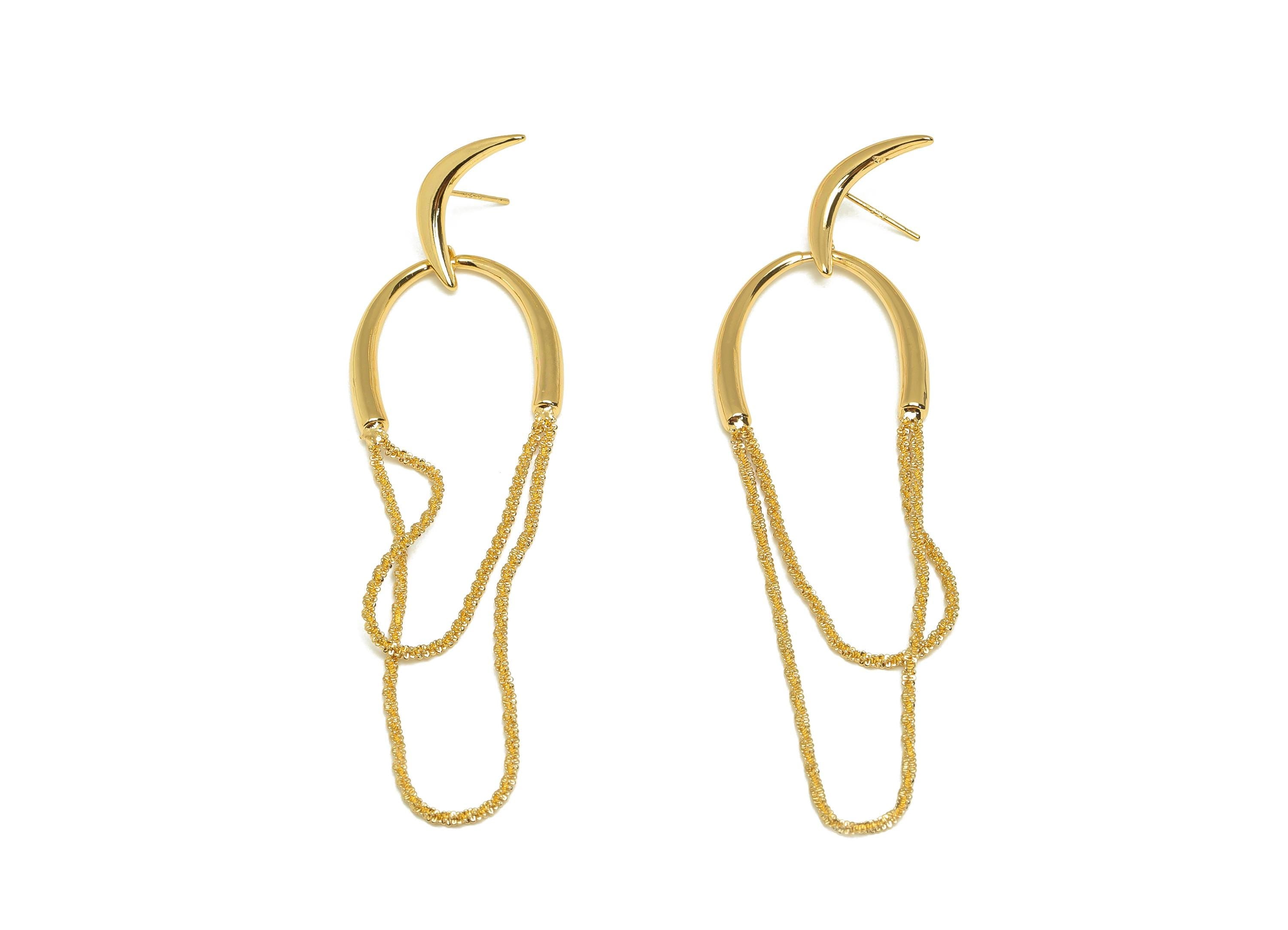 Brass Moon Tassel Earring Stud - Gold Horn Tassel Earring Post - Tassel Chain Earring Post - 18K Real Gold Plated - 78x26x3.3mm - RGP7601 - DOMEDBAZAAR